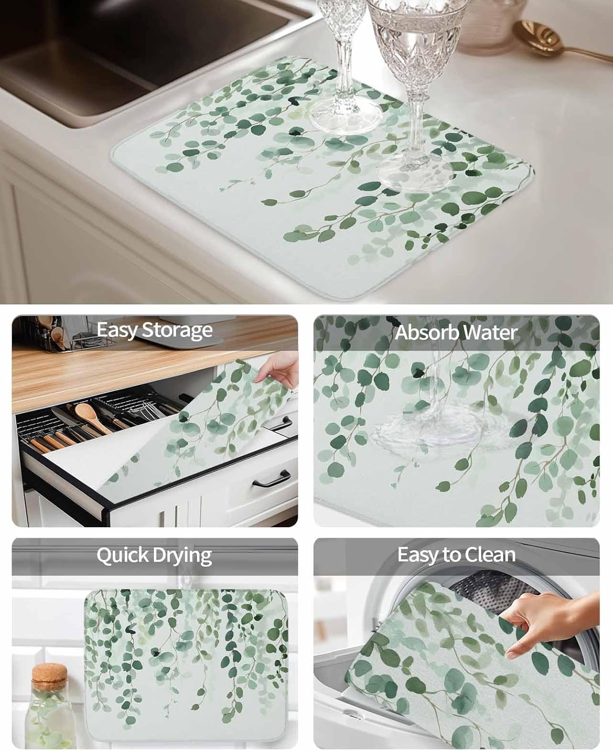 Dish Drying Mat 18 x 24 Inch, Sage Green Eucalyptus Leaf Absorbent Microfiber Coffee Mats for Kitchen Spring Leaves Botanical Quick Drying Dish Drainer Pad 2 Pack