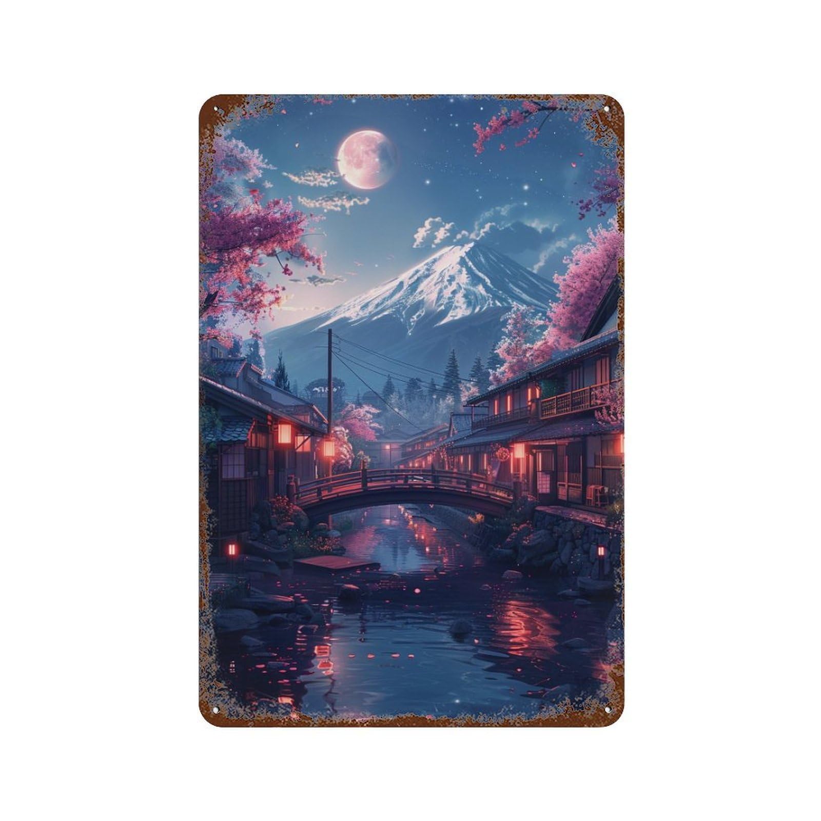 Cherry Blossom Moonlit Village -2 11.8"x7.9" Vintage Rust Metal Sign, Decorative Metal Wall Art for Bistro, Counter And Cafe Decor
