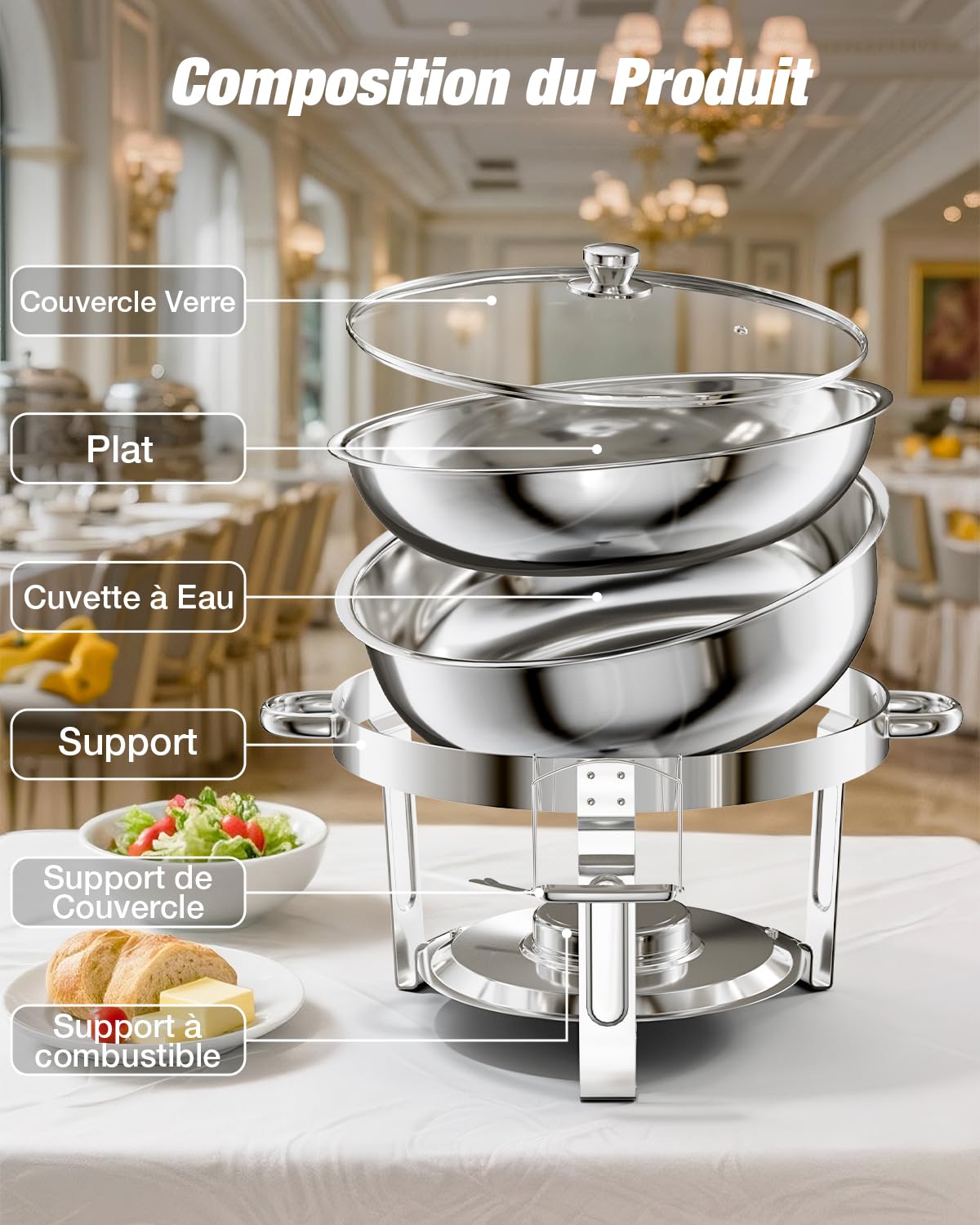 WARMOUNTS Lot de 4 Chafing Dish 5 L, Ronds Réchaud à Buffet avec Couvercle en Verre, Buffets Chauffants en Acier Inoxydable Idéal pour Fêtes, Événements, Mariages, Dîners, Noël et Camping