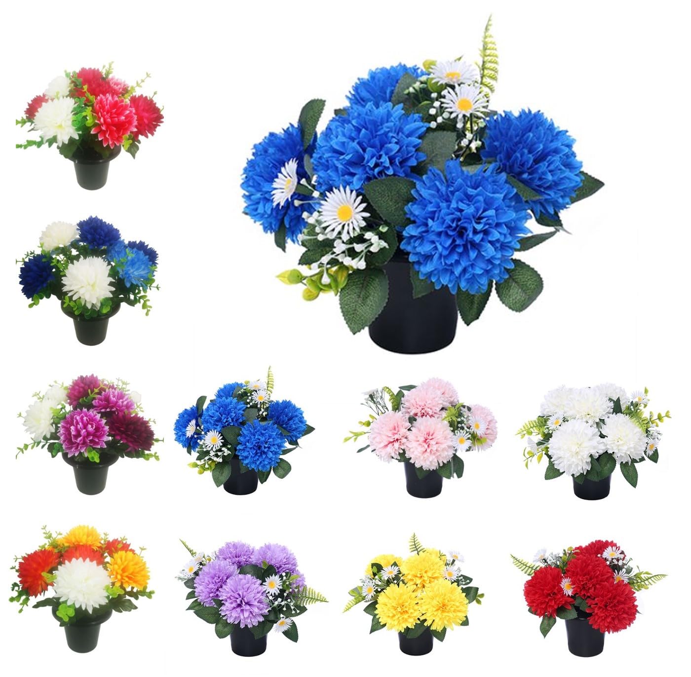 Chrysanthemum Grave Flower Pots | Artificial Flowers For Graves | Cemetery Funeral & Floral Decorations | Grave Flowers | Long Lasting Design & Quality (Blue Chrysanthemum & Daisy)