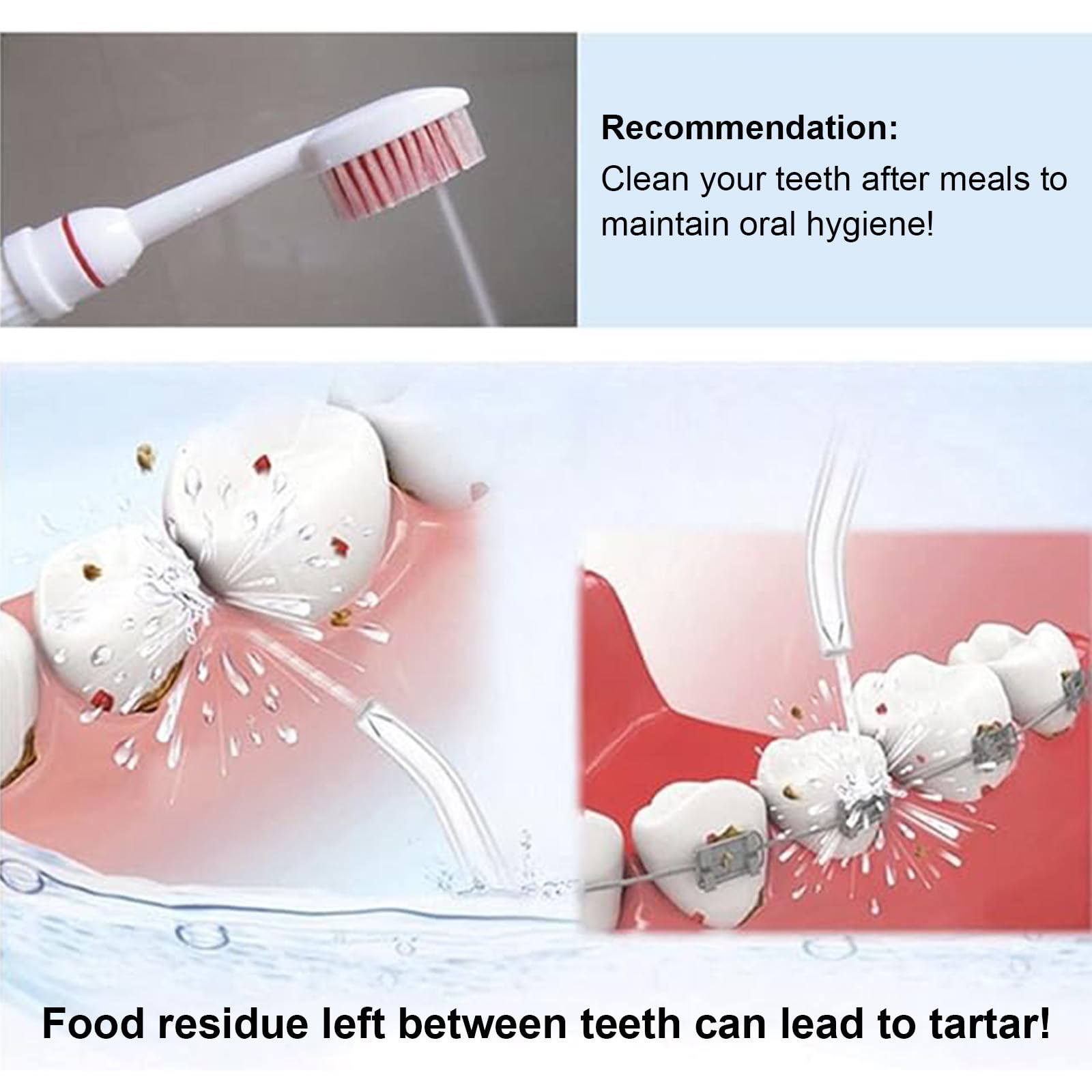 Idropulsore dentale per la pulizia dei denti, non elettrico, si collega direttamente al rubinetto (include 3 ugelli e 3 spazzolini da denti) - Bianco