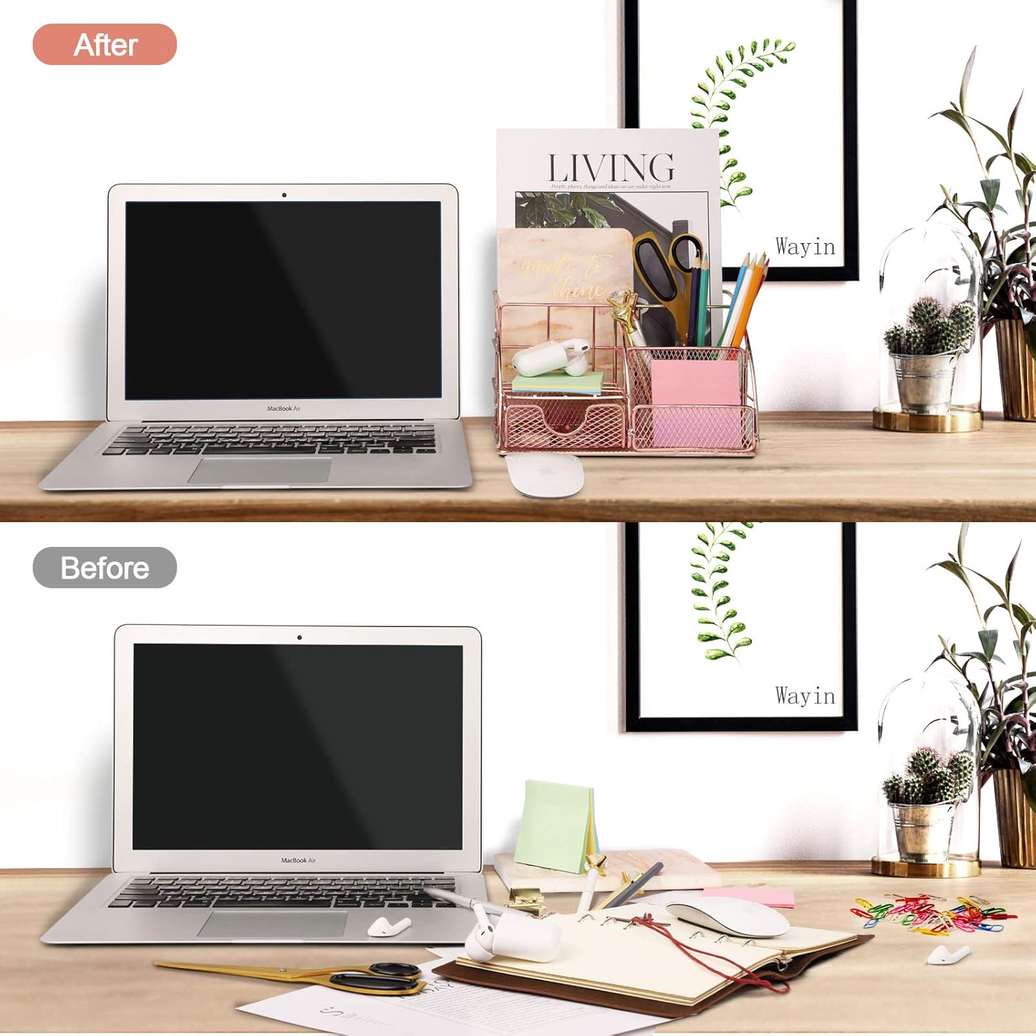 Rose Gold Desk Organizer for Women - Wayin Upgraded Mesh Office Supplies Desk Accessories with 6 Compartments + Sliding Drawer and 50 Paper Clips & 9 Binder Clips for for Home School Office Desktop : Office Products