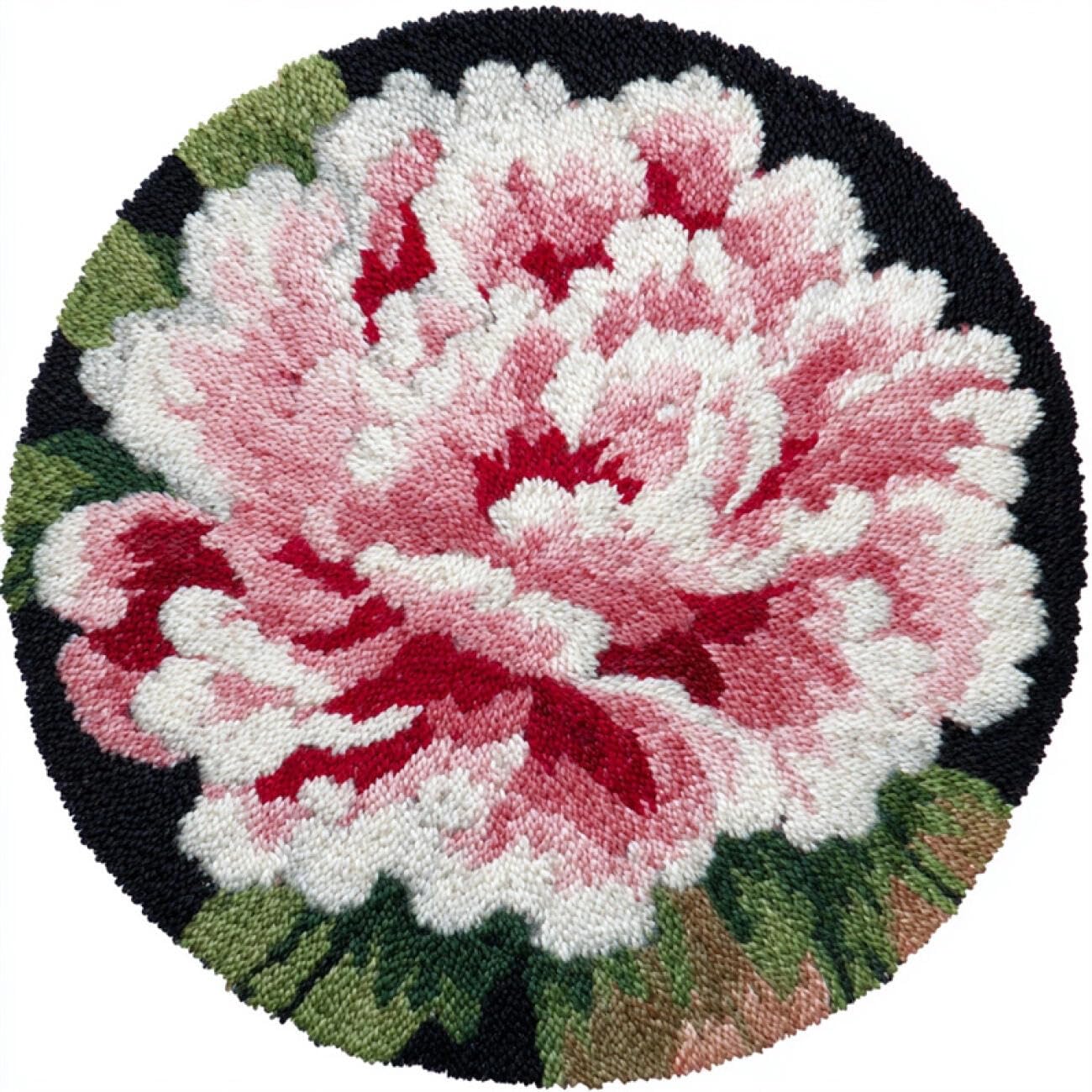 Kitquiver Round Rug Latch Hook Kit Pink Peony 50x50cm