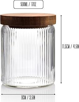 Mason & Fable Ribbed Glass Jar with Wooden Lid Set of 3-17 fl oz | Airtight Fluted Glass Storage Container for Food, Pasta, Coffee, Candy, Dog Treats, Snacks | Glass Canisters for Home & Kitchen