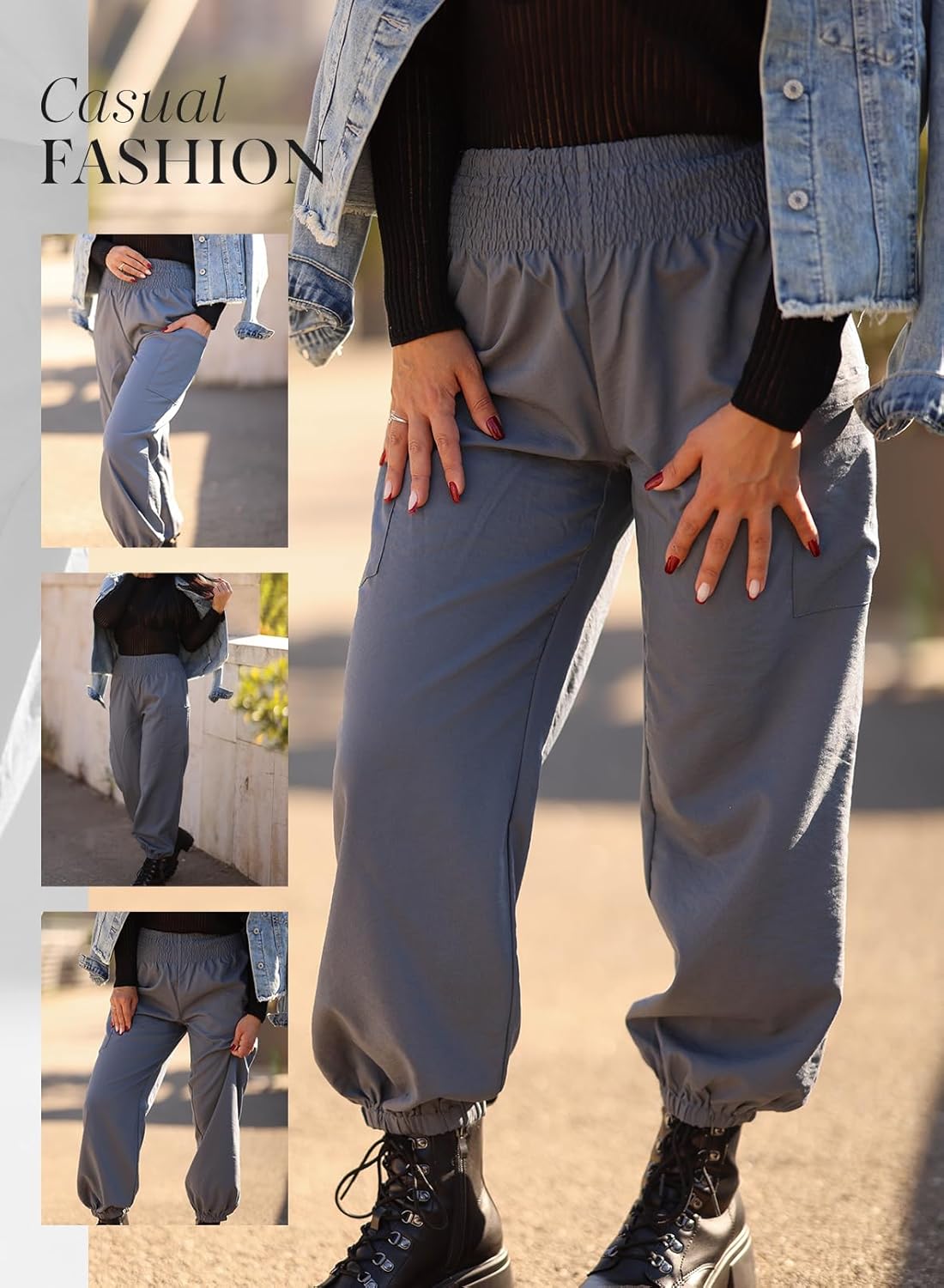 Dokotoo Womens Summer Boho Business Casual Smocked 2026 High Waisted Cargo Summer Long Elephant Pants with Pockets - Image 5