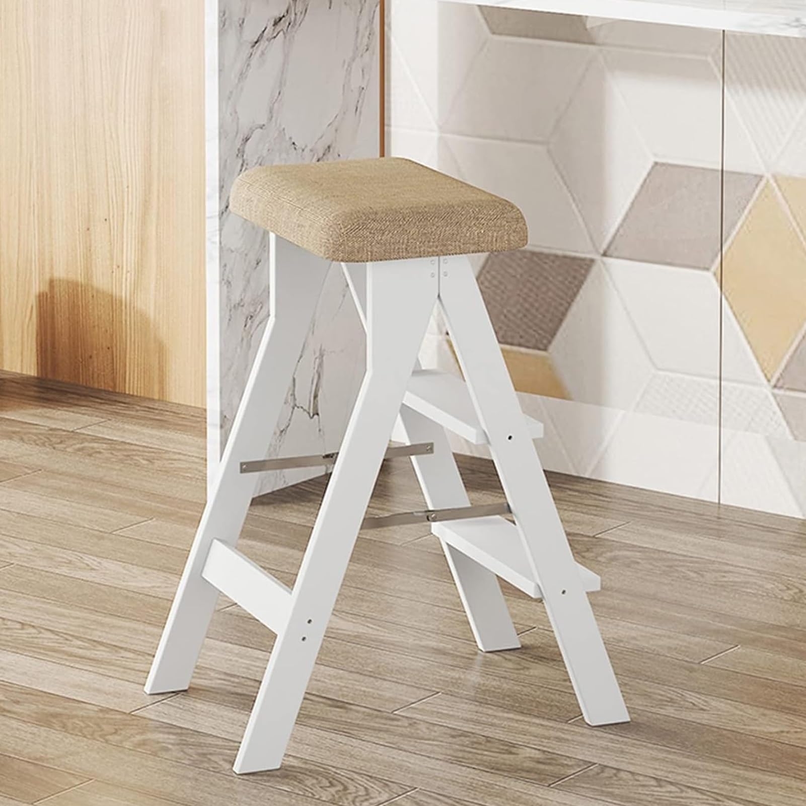 Taburete portátil y escalera de biblioteca plegable: soporte versátil de madera blanca