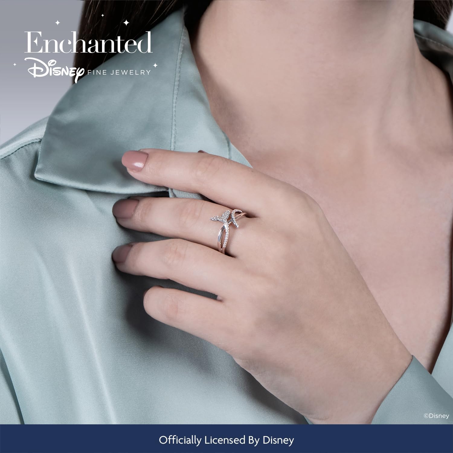 Jewelili Enchanted Disney Fine Jewelry Sterling Silver 1/8 Cttw Natural White Round Diamond Ariel Ring