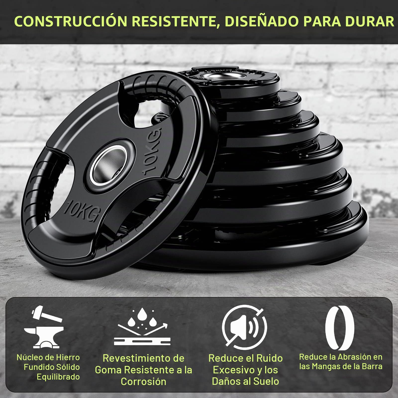 PhysKcal discos de pesas olímpicas de 1,25 kg a 25 kg con acabado de goma, centro de apertura de Φ 5,1 cm y diseño de triple agarre, discos negros para levantamiento y entrenamiento de fuerza