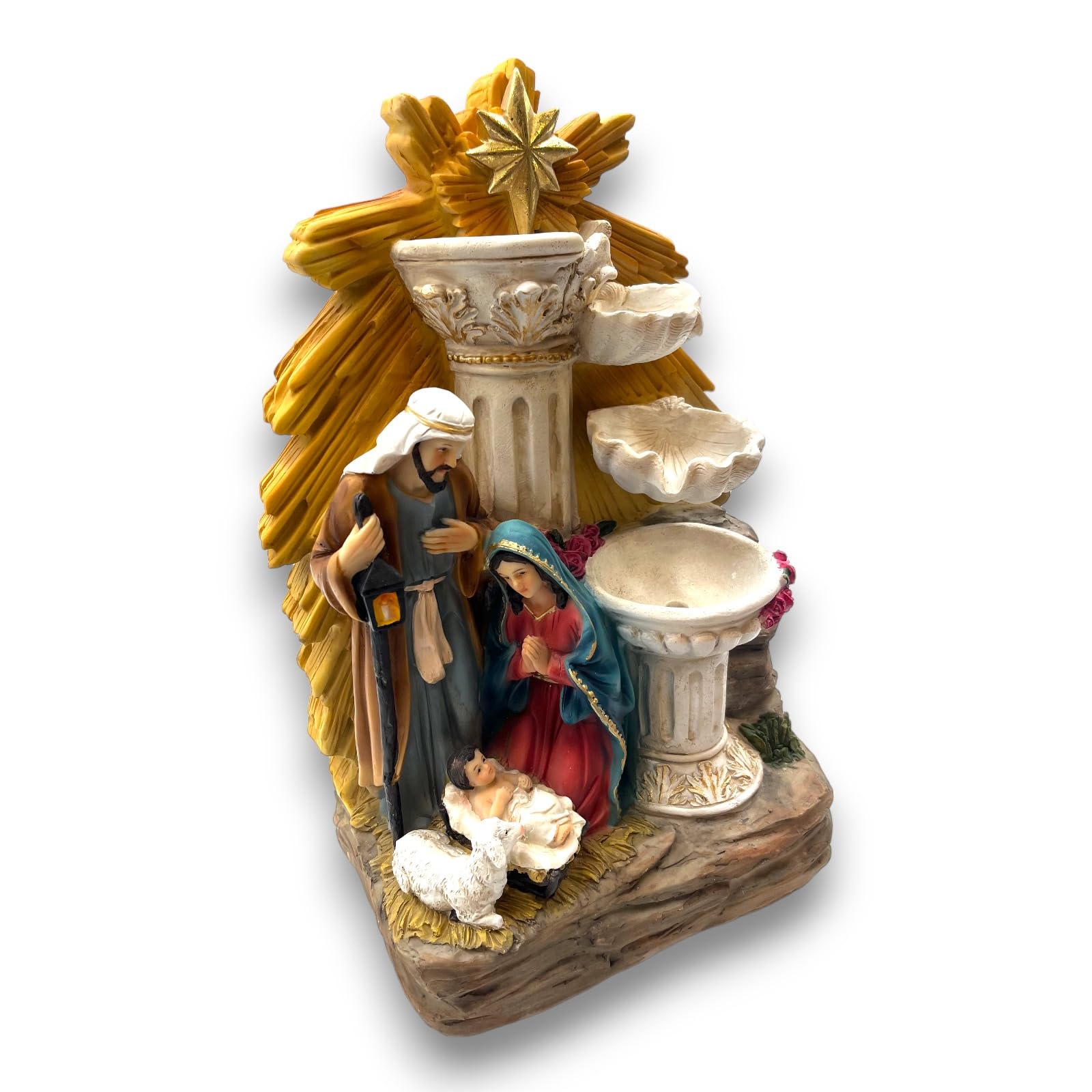 Generico Aurora Store Natività con Colonne Fontana e Luci elettrico 35 cm Decorazione Natalizia Presepio Napoletano Artigianale