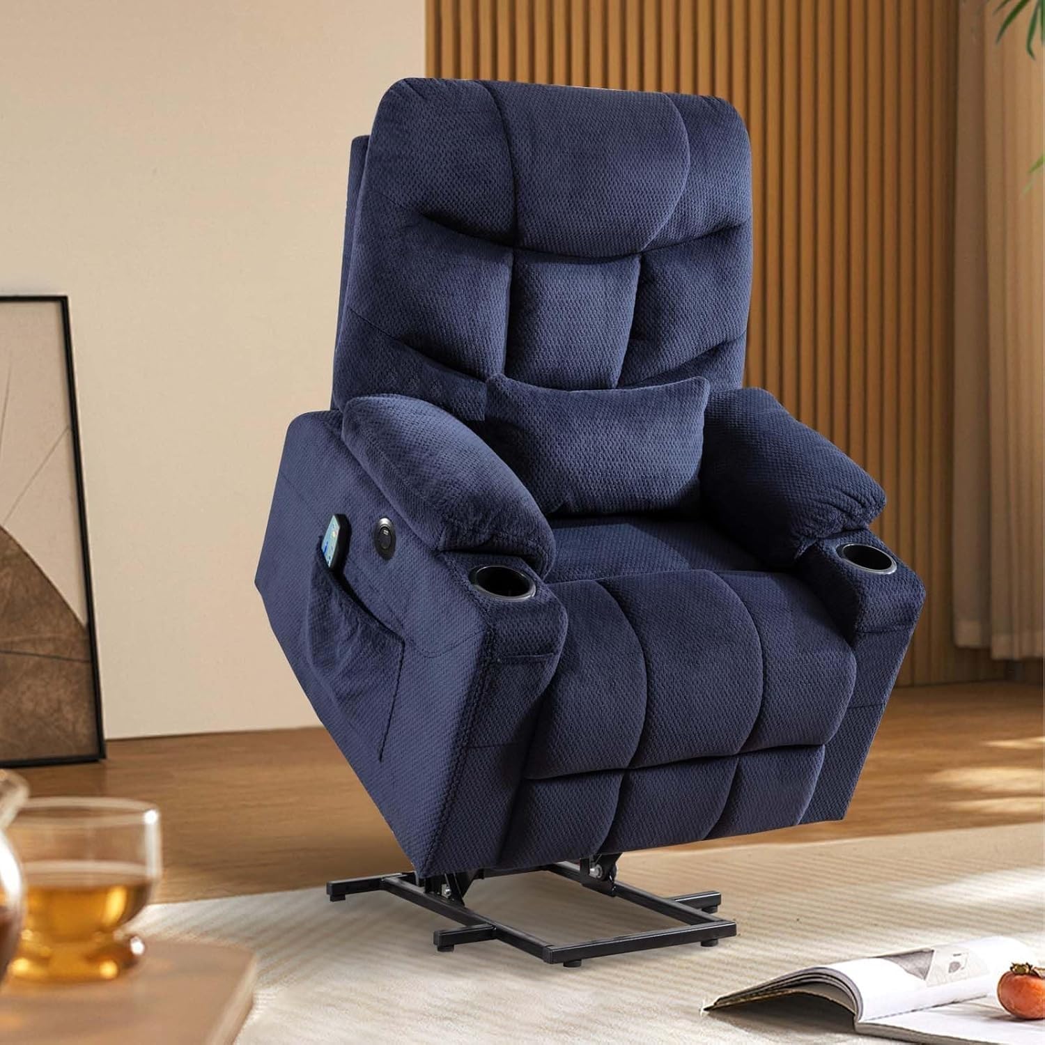 Power Lift Chair for Seniors Lay Flat Full Recline Electric Recliner Heated Massage USB Ports Cup Holder Side Pocket Living Room Furniture