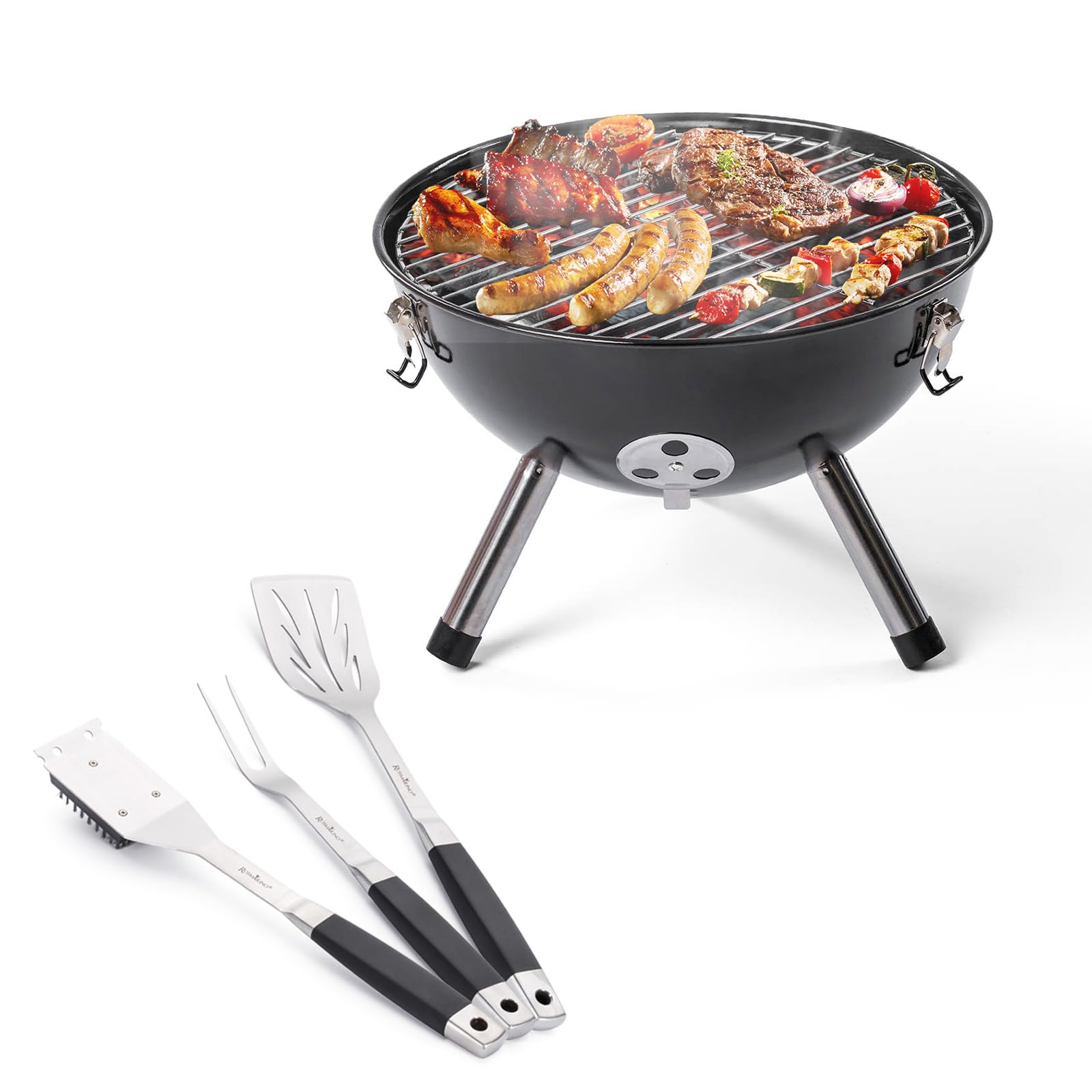 Rosmarino Blacksmith 4-częściowy zestaw, przenośny grill kulisty na węgiel drzewny, 36 cm, emaliowany ruszt chromowy, z 3 akcesoriami do grillowania, idealny do gotowania na świeżym powietrzu
