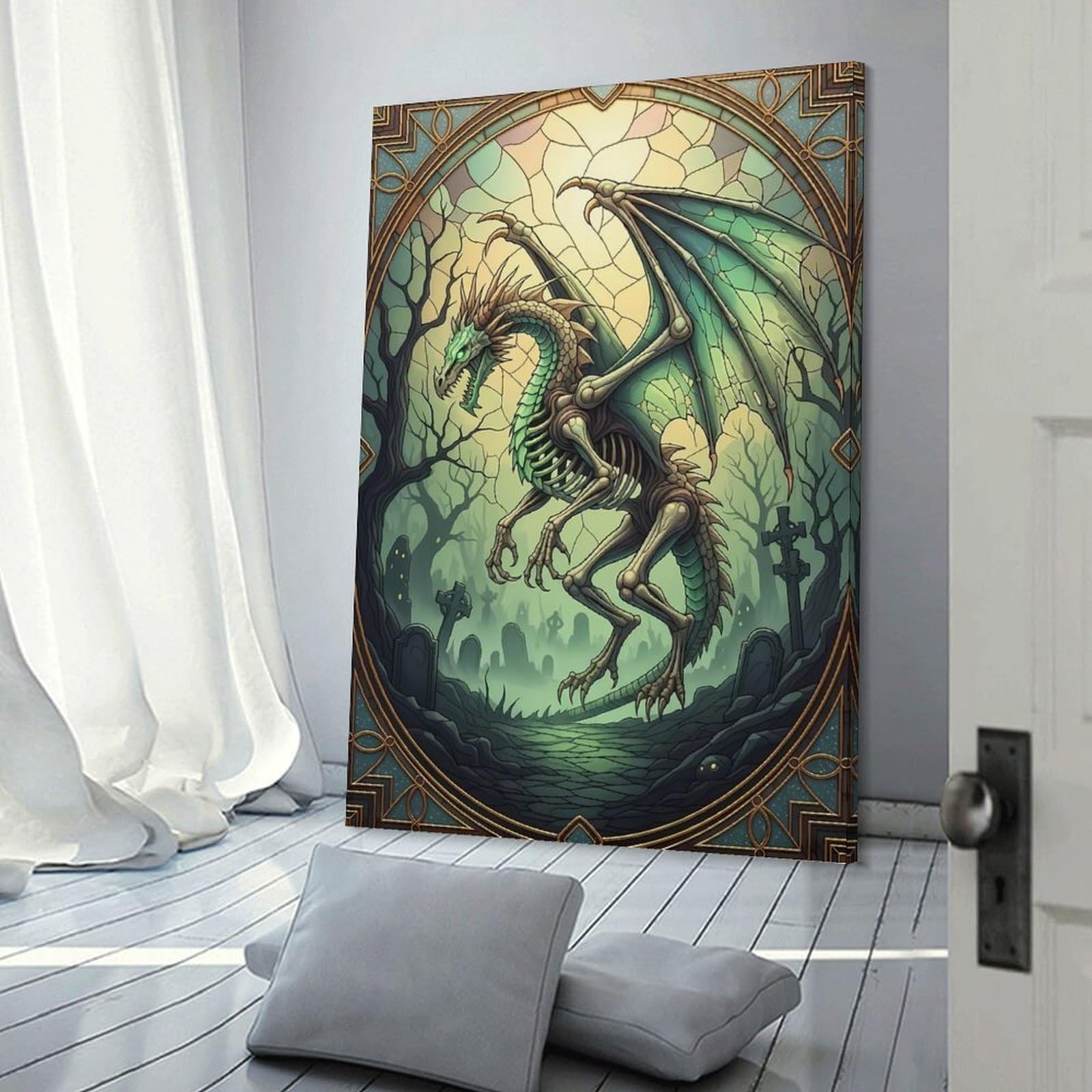 Junmoney Skeletal Dragon in Graveyard Stained Glass Decorative Wall Artwork, 24x36inch(60x90cm), for Corridors, Hallways Or Apartment Entries, Home Artwork for First Impressions