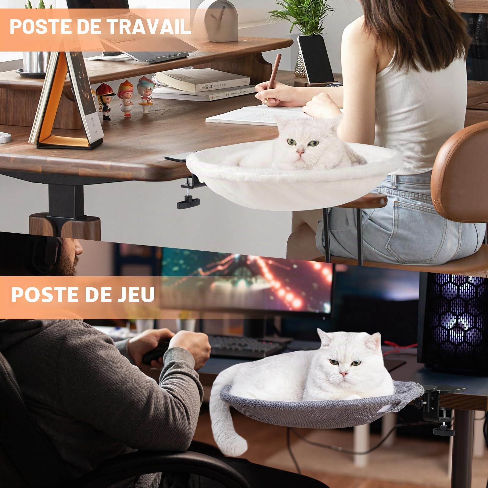 Uross Lit pour chat pour bureau - Pivotant à 360° et réglable en hauteur - Hamac souple pour chat avec 2 housses lavables - Espace de couchage pour chat pour le bureau à domicile - Utilisation toute
