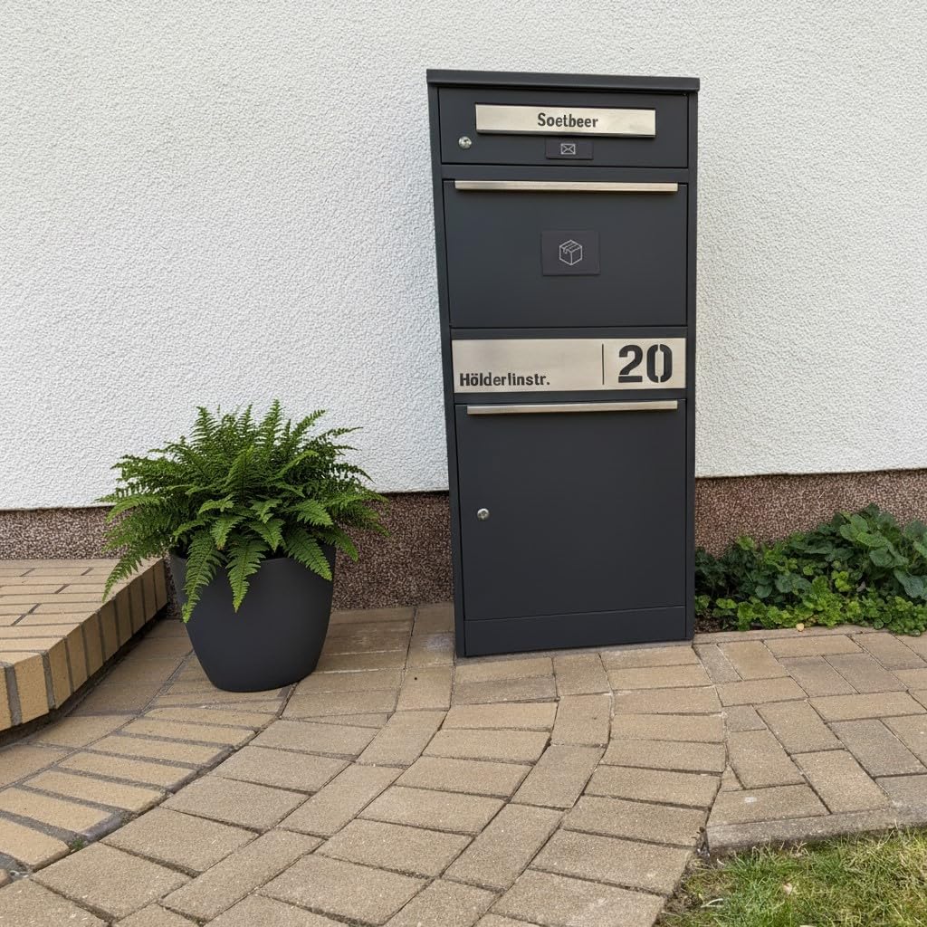 Metzler Paketbox, Briefkasten mit großem Paketfach in Anthrazit, personalisierte Paketbox für draußen, Standbriefkasten mit Paketfach, Paketkasten, Postbox mit Gravur, rostfrei und massiv - Bispo 2