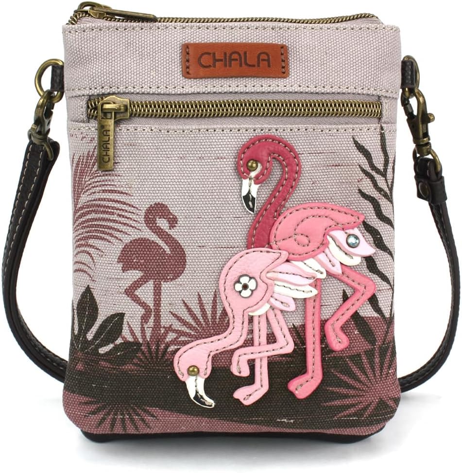 CHALA Double Pocket Xbody Women RFID Protected Canvas Crossody Purse with Adjustable Strap - Flamingo Group - gray