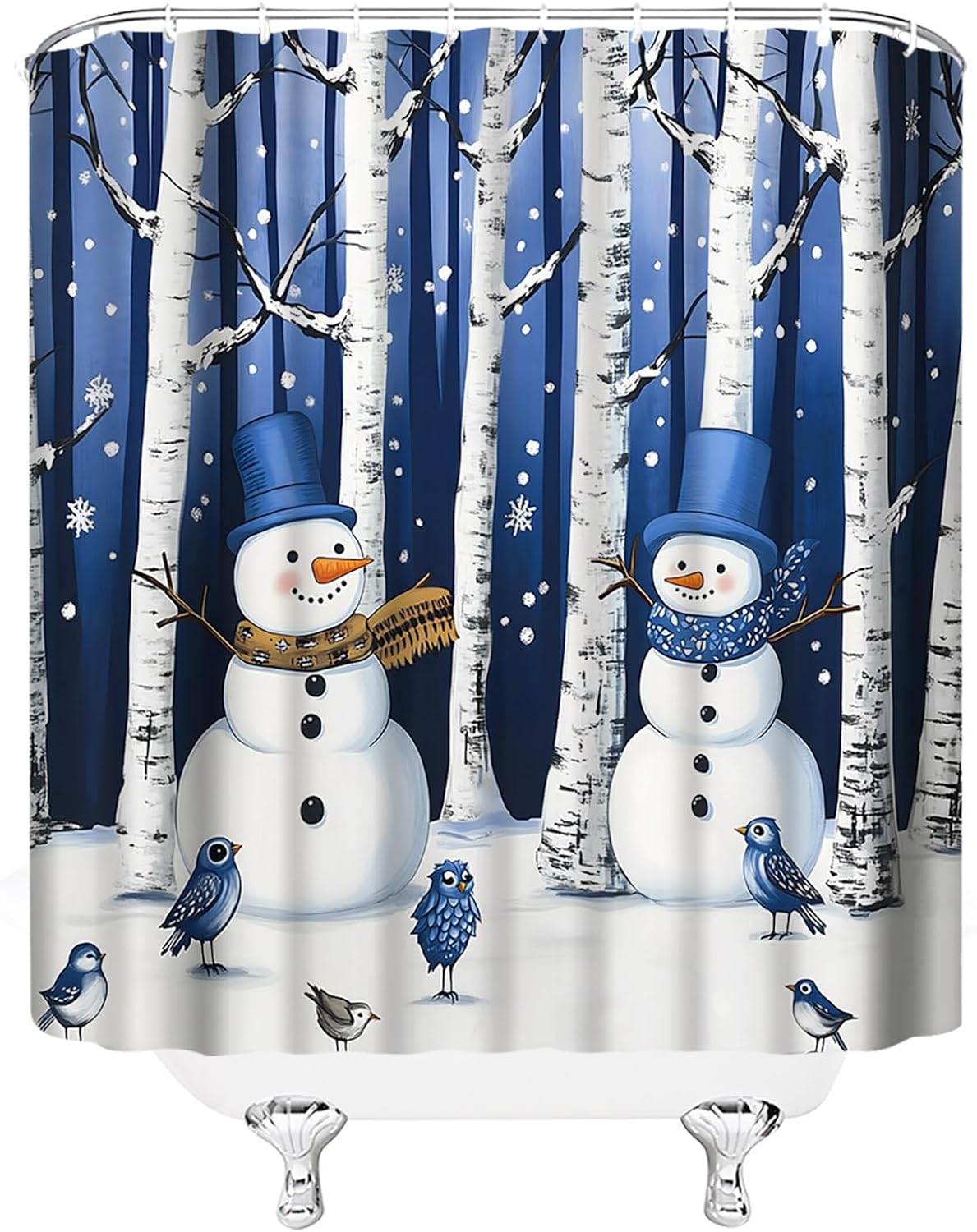Christmas Snowman Shower Curtain Cute Blue Snowman Snowy Tree Forest Snowflake Birds Rustic Winter Holiday 70" WX96 H Bathroom Decor Fabric Curtain with Hooks