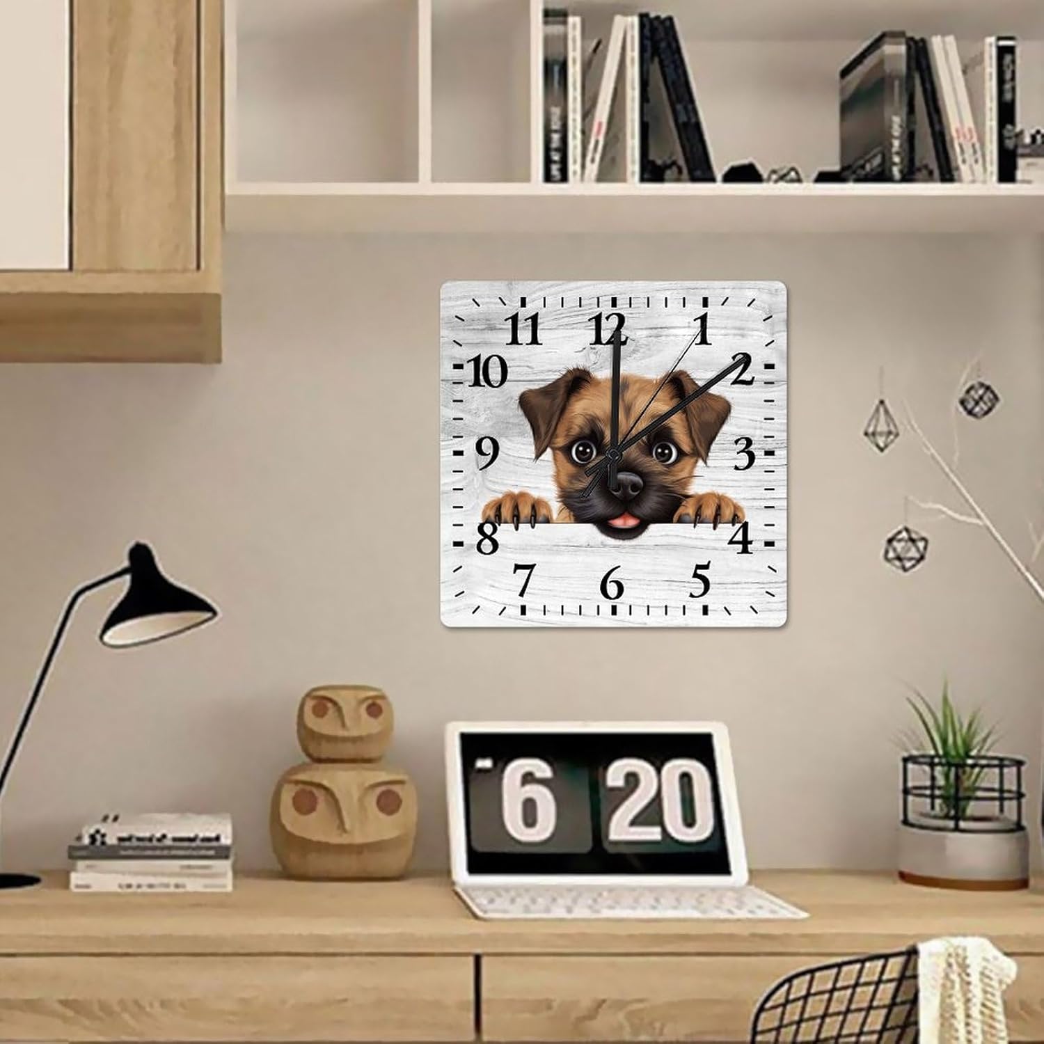 Border Terrier Wood Wall Clock Doggy Dog Owner Numeral Clocks 15in Silent Non-Ticking Battery Operated Funny Round Wall Clock Decoration for Home Living Room Bedroom