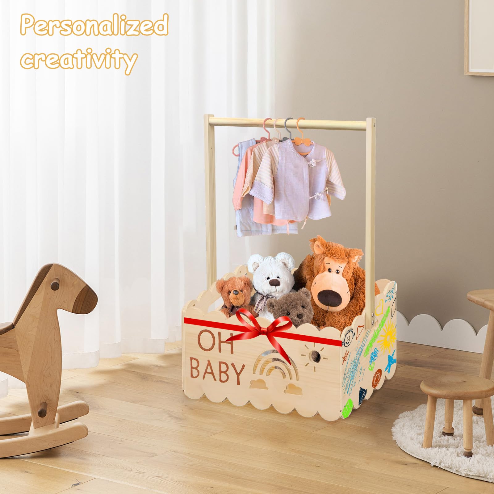Panier Cadeau en Bois pour Bébé, 34x23x51cm Panier Cadeau pour Bébé avec Poignée, Coffre en Bois pour Fête Prénatale avec Poignée et 8 Cintres, Armoire pour Anniversaires, Fêtes Prénatales, Noël