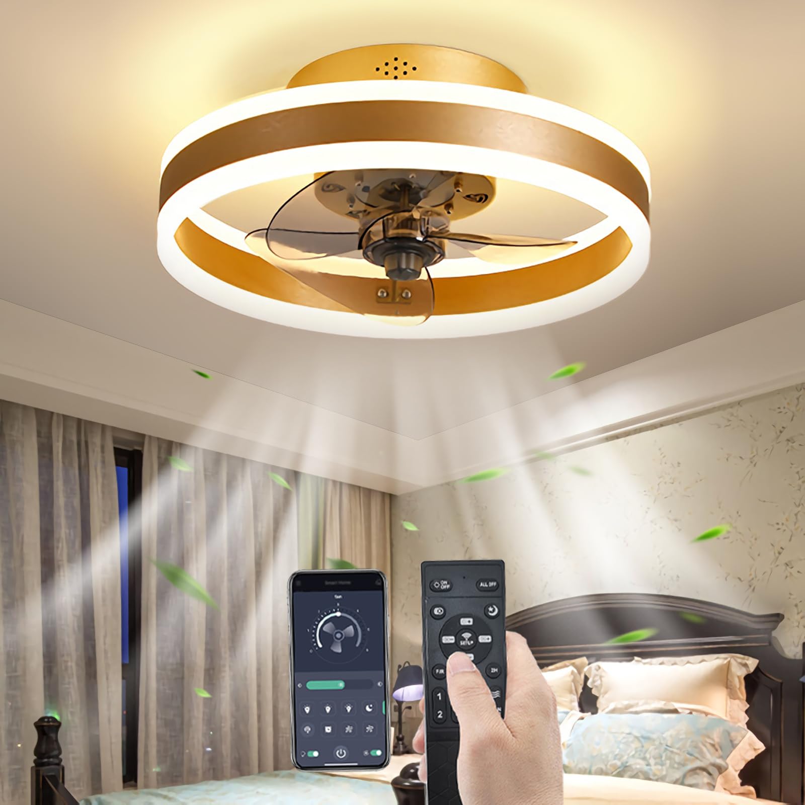 YUNZI Quiet Ceiling Fan with Light and Remote Control, LED 60W Dimmable Ceiling Lamp Modern Low Profile Ceiling Fans for Living Room Bedroom Lighting, 6 Speeds, Dimming Lights, Gold, 40CM