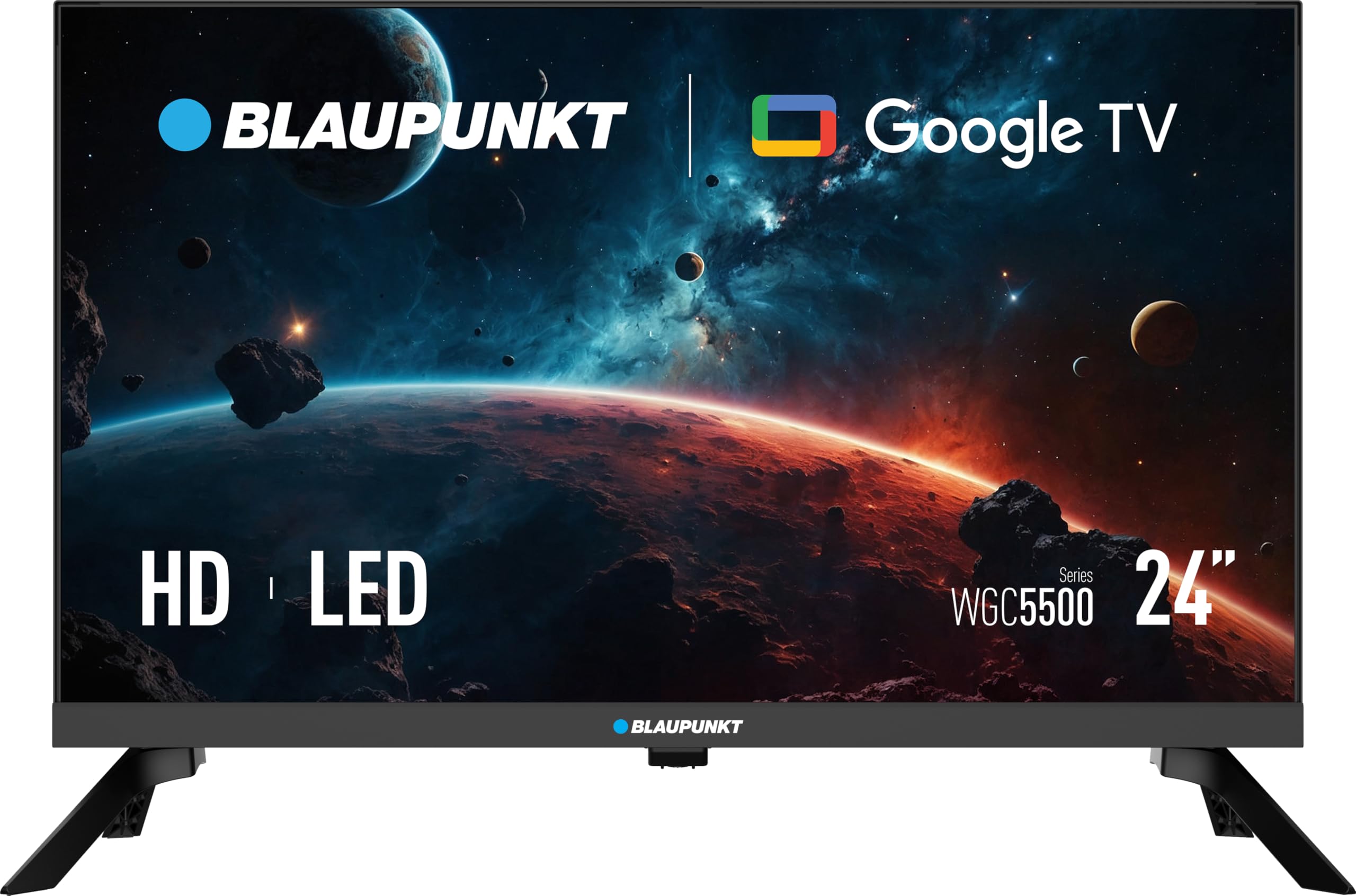 Spredaj view of Blaupunkt 24WGC5500S Smart TV displaying a cosmic scene