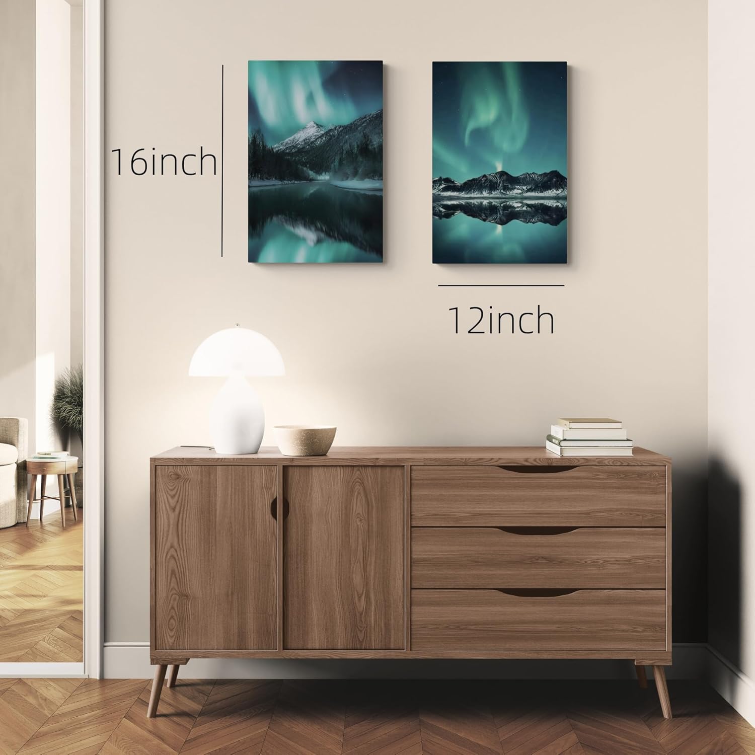eahunt northern lights canvas wall art for living room bedroom mountain lake landscape night sky poster aurora borealis prints alaska wall picture home decor 16×24×2 piecel set ready to hang aurora 16"24"×2