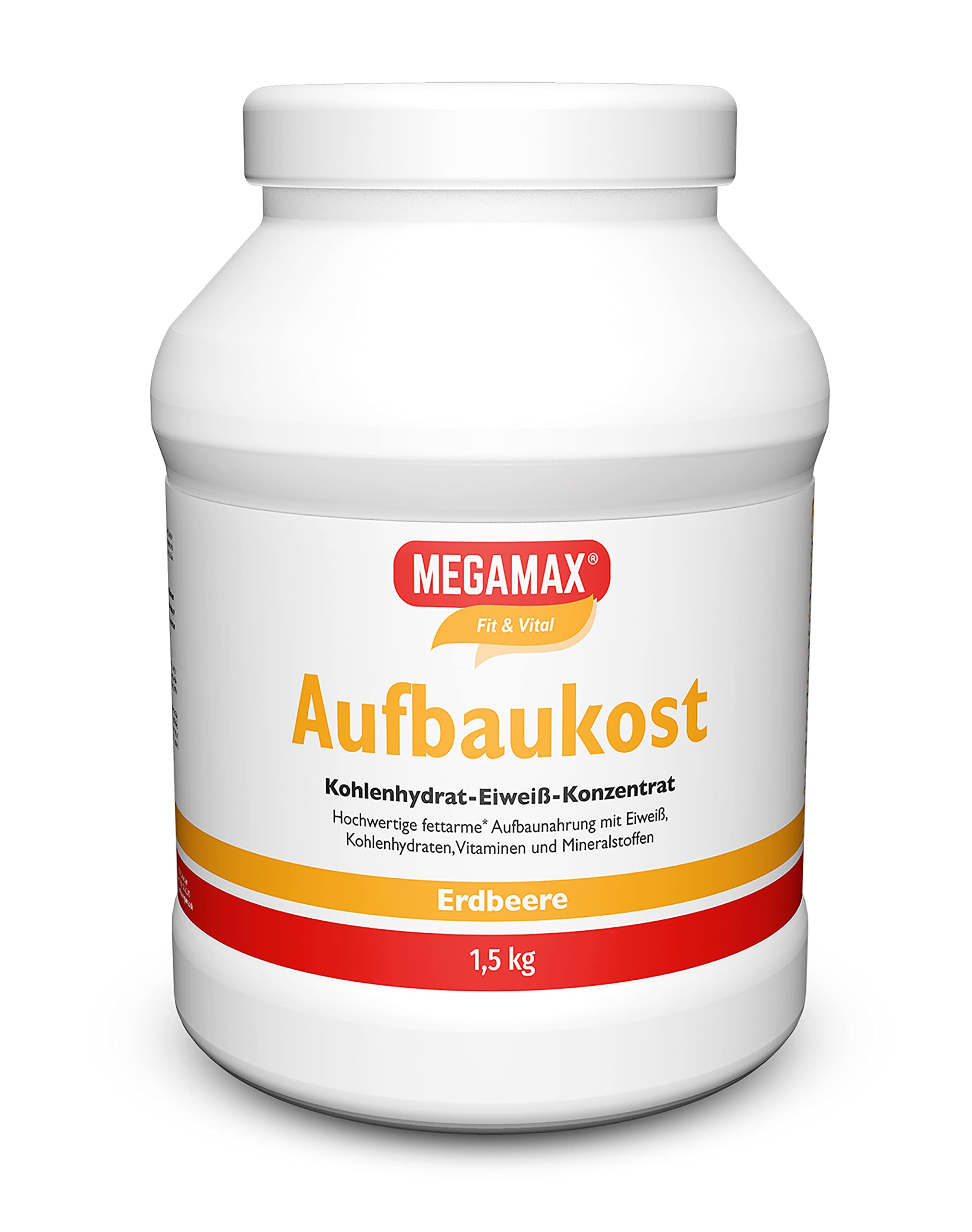 MEGAMAX Aufbaukost Erdbeere 1.5 kg enthält wheyproteinpulver für ein fettarmes Kohlenhydrat-Eiweiß-Getränk- ideal zur Unterstützung von Muskelaufbau, Gewichtszunahme, Kräftigung und bei Untergewicht