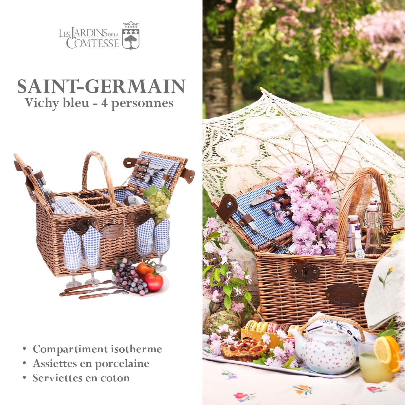 Les Jardins de la Comtesse – Cesta de picnic Saint Germain Vichy Bleu – 4 personas – Refrigerador isotérmico – Taquillas 3 botellas – Platos cerámica – 48 x 35 x 26 cm
