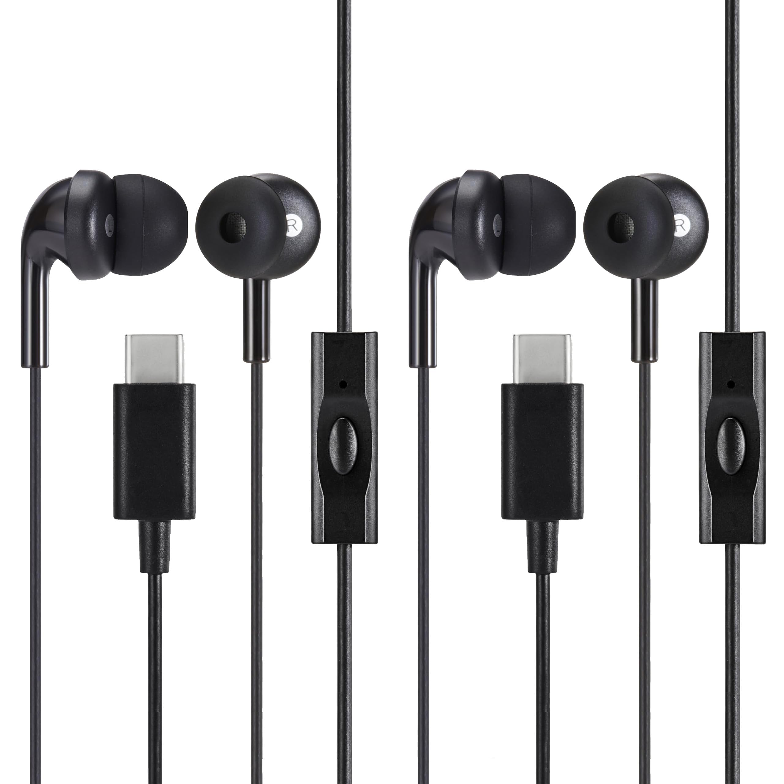 Amazon Basics USB-C Wired Earbuds, In-Ear Headphones with Built-In Microphone & Track Control, S/M/L Ear Tips, Compatible with Phones, Laptops & Tablets, 4.3 Ft. Cable, 2 Pack