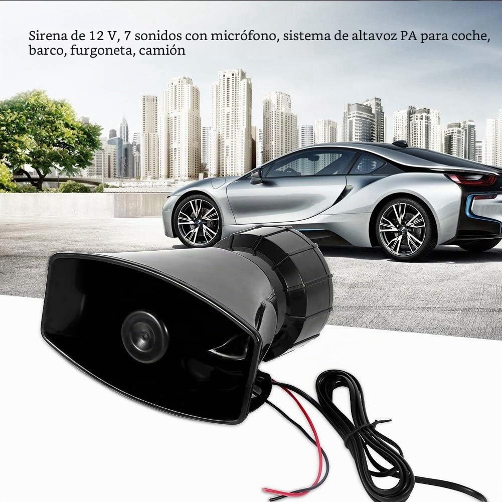 Diseño de 7 sonidos, 110dB-120dB DC12V Sirena de bocina alta 7 Sonidos Bocina PA Micrófono con de alarma contra incendios, ambulancia, sirena de policía y etc.100W Apto para coche Barco Van Ca