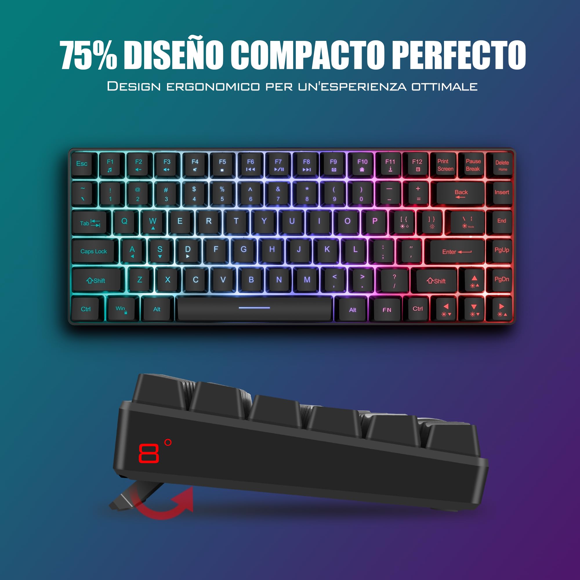 RedThunder 75% Teclado Inalámbrico Gaming,Retroiluminación RGB,Ratón Celular Ligero de 3200 dpi,Teclado Ultra-Compacto 85 Teclas Anti-ghosting,Disposición ES,para PC/PS5/Xbox