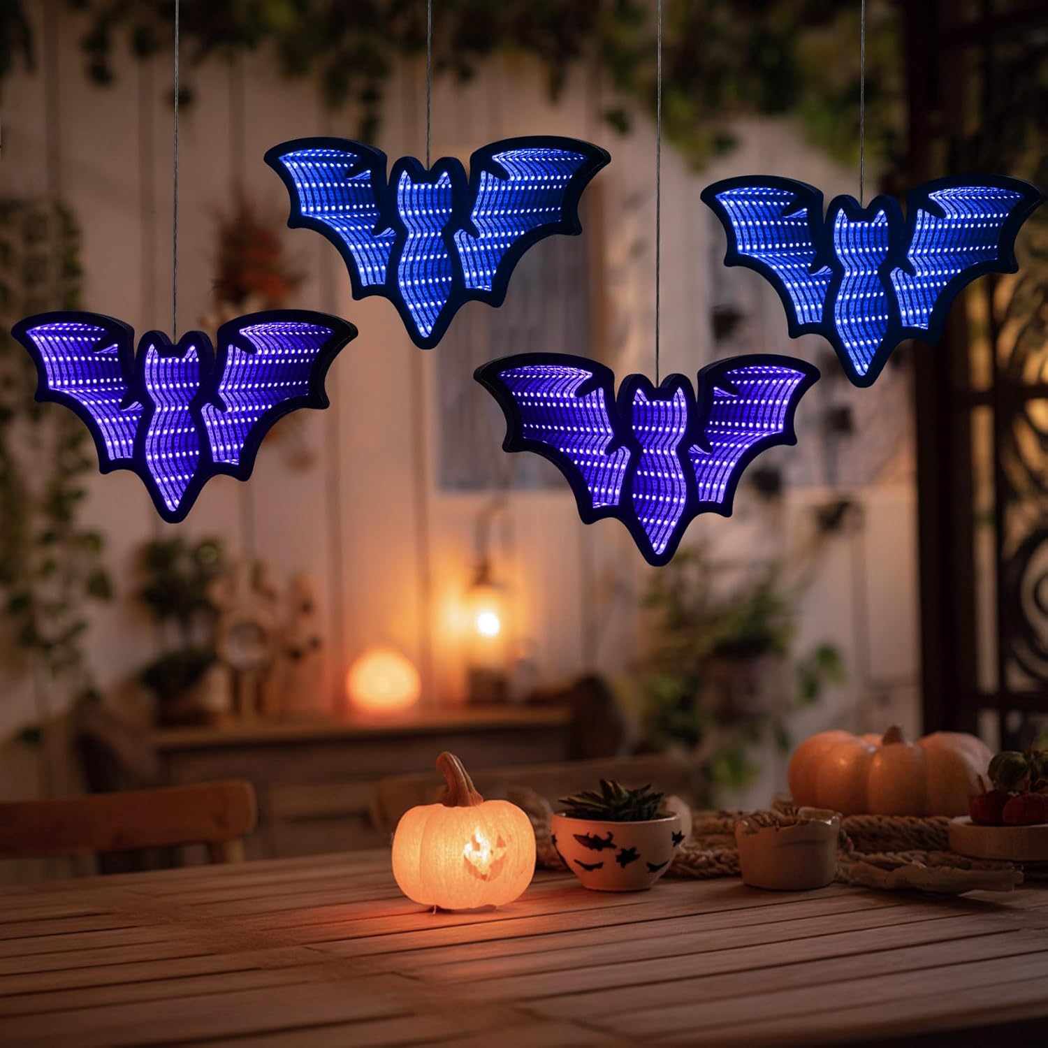 Halloween Décor 4 Bats Infinity Lights with USB Powered, 10.42FT 3D Infinity Mirror String Lights, Halloween Indoor Decorations for Window Wall Outdoor Party Room