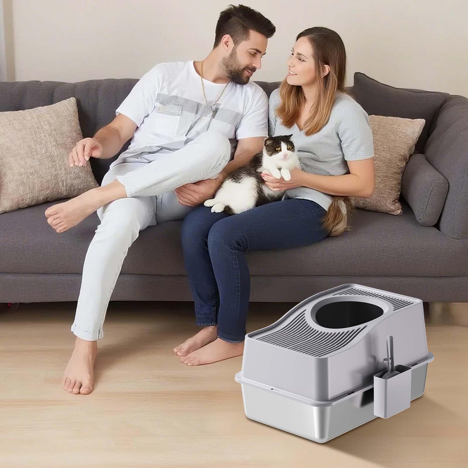 Stainless Steel Enclosed Cat Litter Box with Lid, Top Entry High-Sided Litter Box for Large Cats, Odor-Resistant & Easy Clean Kitty Litter Pan – 60x40x34.5cm White Base, Anti-Scatter Design - image 4