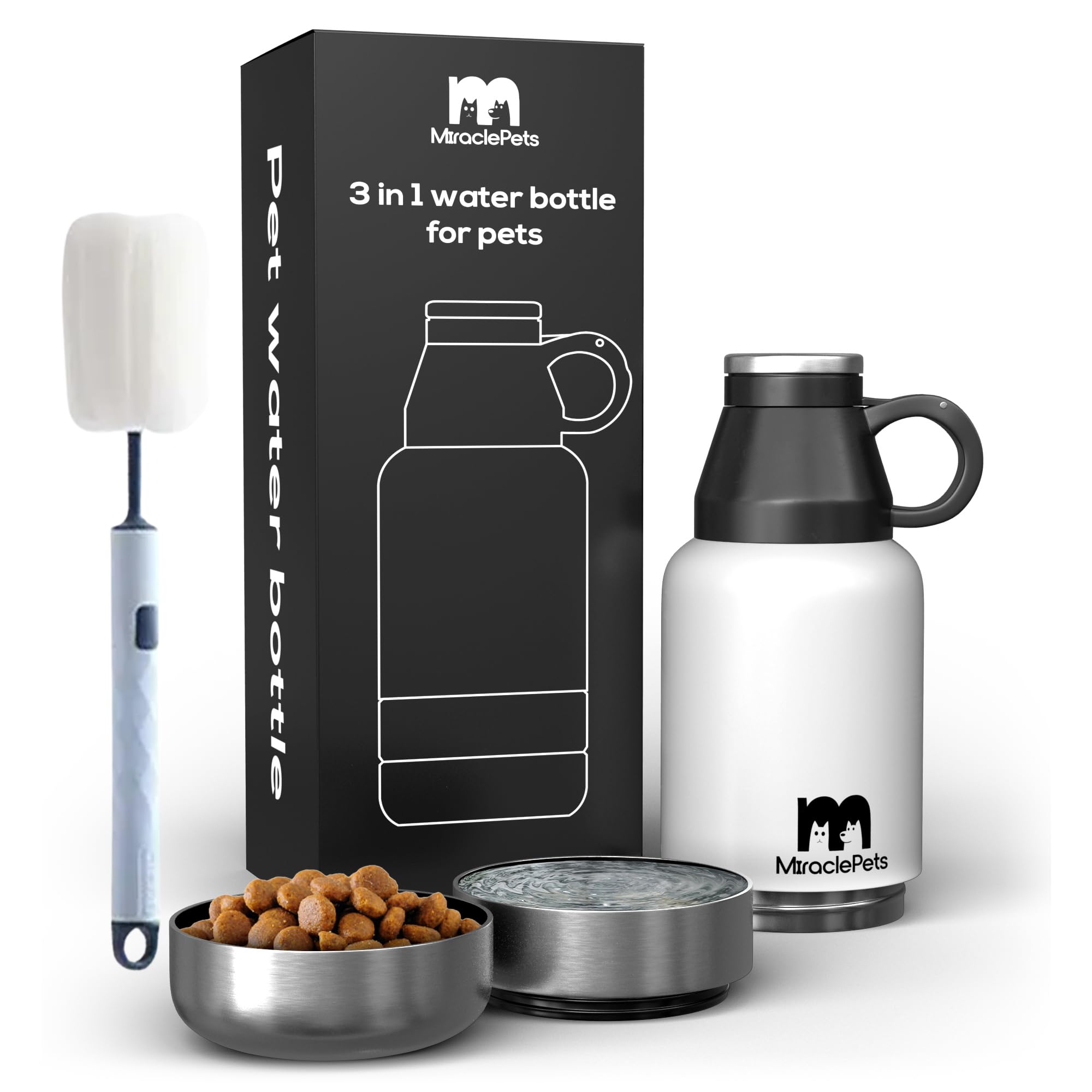 Miracle Pets Botella de Agua para Perros - Bebedero Perro Portatil y Comedero - Botella Termica 1 Litro -Cantimplora Acero Inoxidable Agarre Fácil Doble Aislamiento sin BPA (Blanco) Cepillo Limpieza