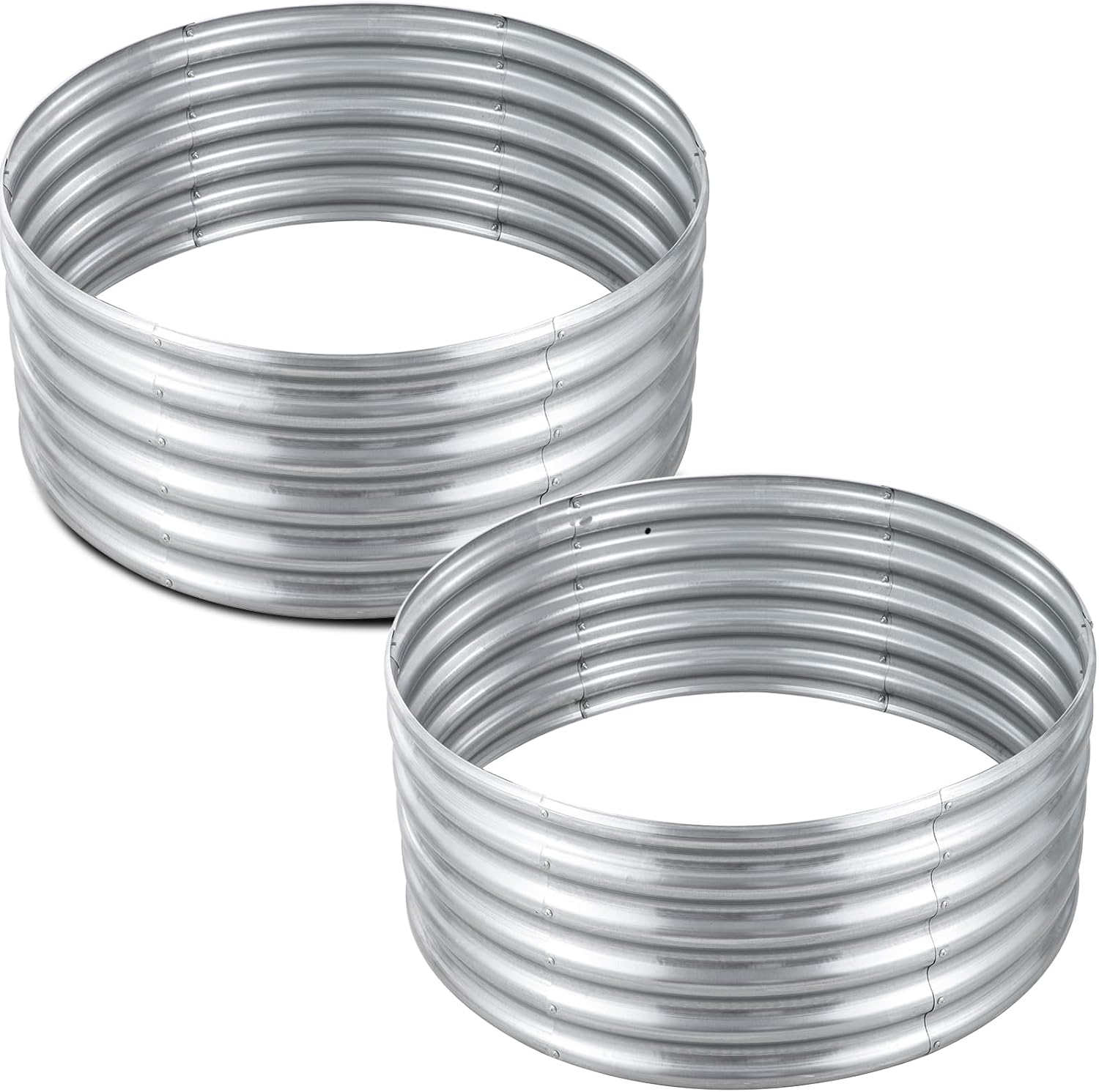 FORTUNO High Round Galvanized Raised Garden Bed Kit, Fire Pit Ring Dia 3 x H 1.5Ft (2 Pack) Metal Outdoor Flower Bed Steel Patio Ground Planter for Planting Vegetables and Herb, Silver