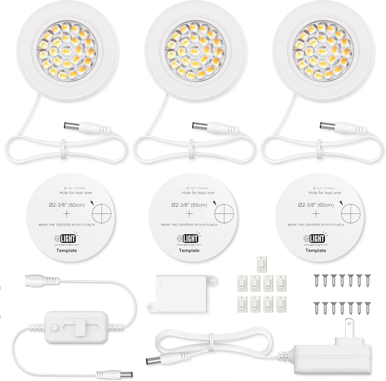 GETINLIGHT 2.5" Wide 3000K Dimmable LED Puck Lights Kit, Plug-in Installation with Recessed or Surface Mounted, White Finish Over Metal Construction, Set of 3, IN-0113-3-WH
