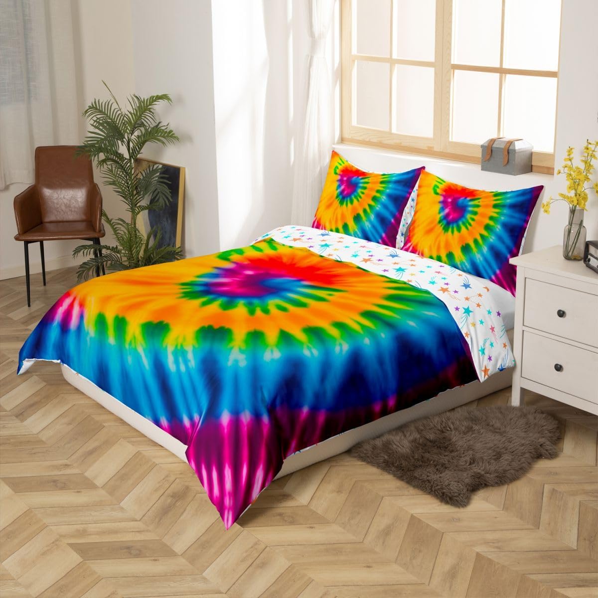 Feelyou Tie Dye Bedding Set for Girls Queen Size Kids Women Boho Tie Dye Duvet Cover Set Bright Colorful Psychedelic Swirl Comforter Cover Breathable Girly Hippie Trippy Bohemian Bedspread Cover Soft