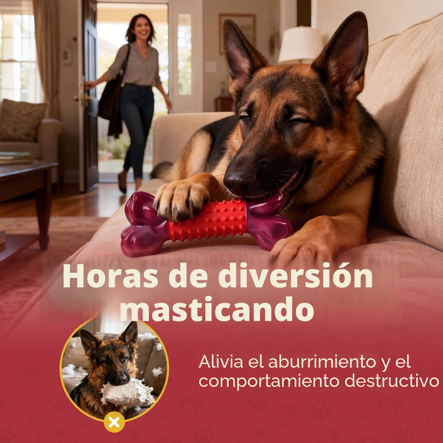Juguetes para Perros Indestructible: Mordedor Perro para Masticadores Agresivos, Juguete Perro para Perros Medianos y Grandes, Nailon Duradero y Caucho Natural, Sabor A Carne de Res, Rojo