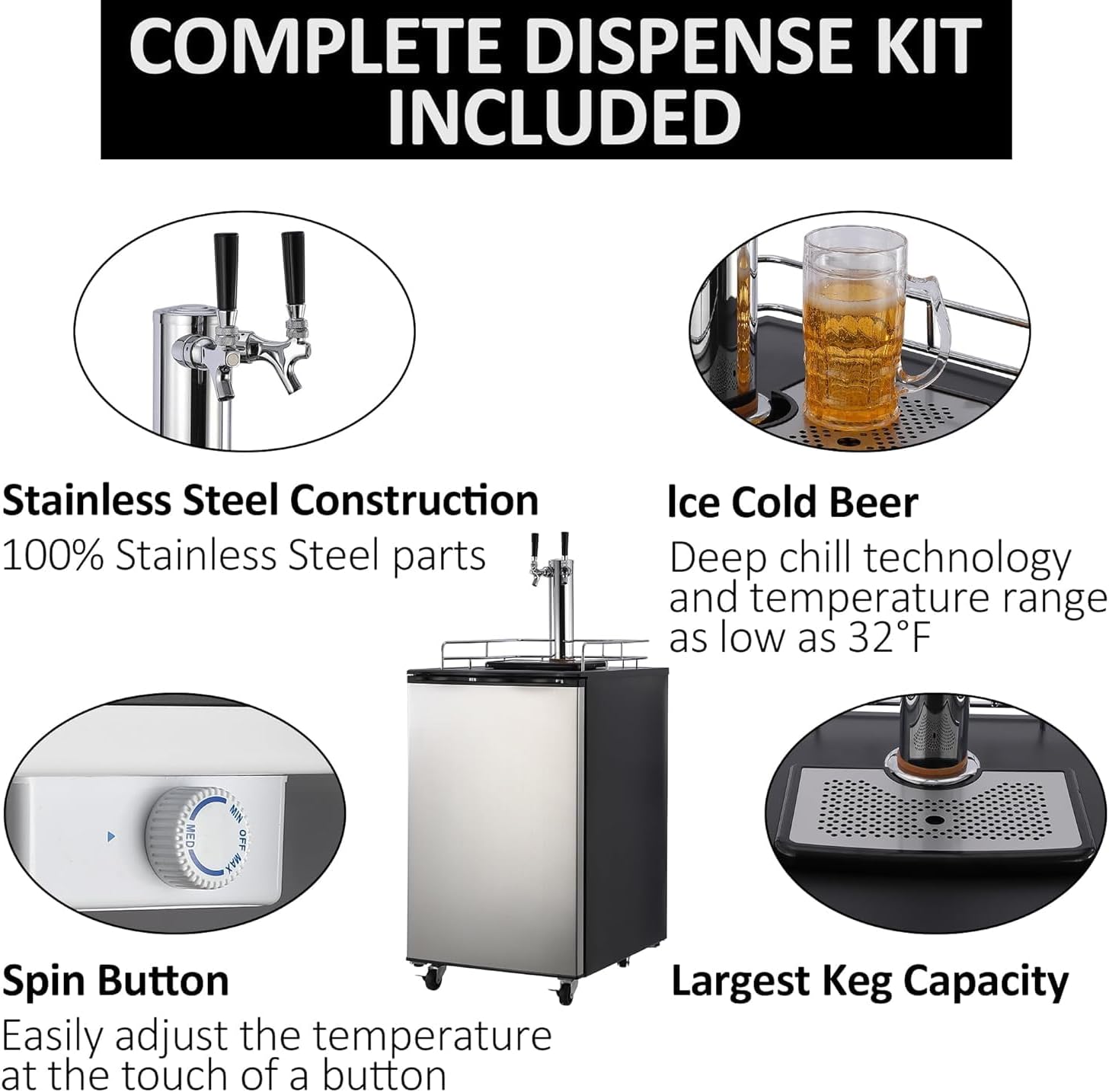TROPOW 6.1 CF Beer Kegerator, Dual Tap Draft Beer Dispenser, Full Size Keg Refrigerator With Shelves, Stainless Steel, 32°F- 50°F Temperature Control, 170L