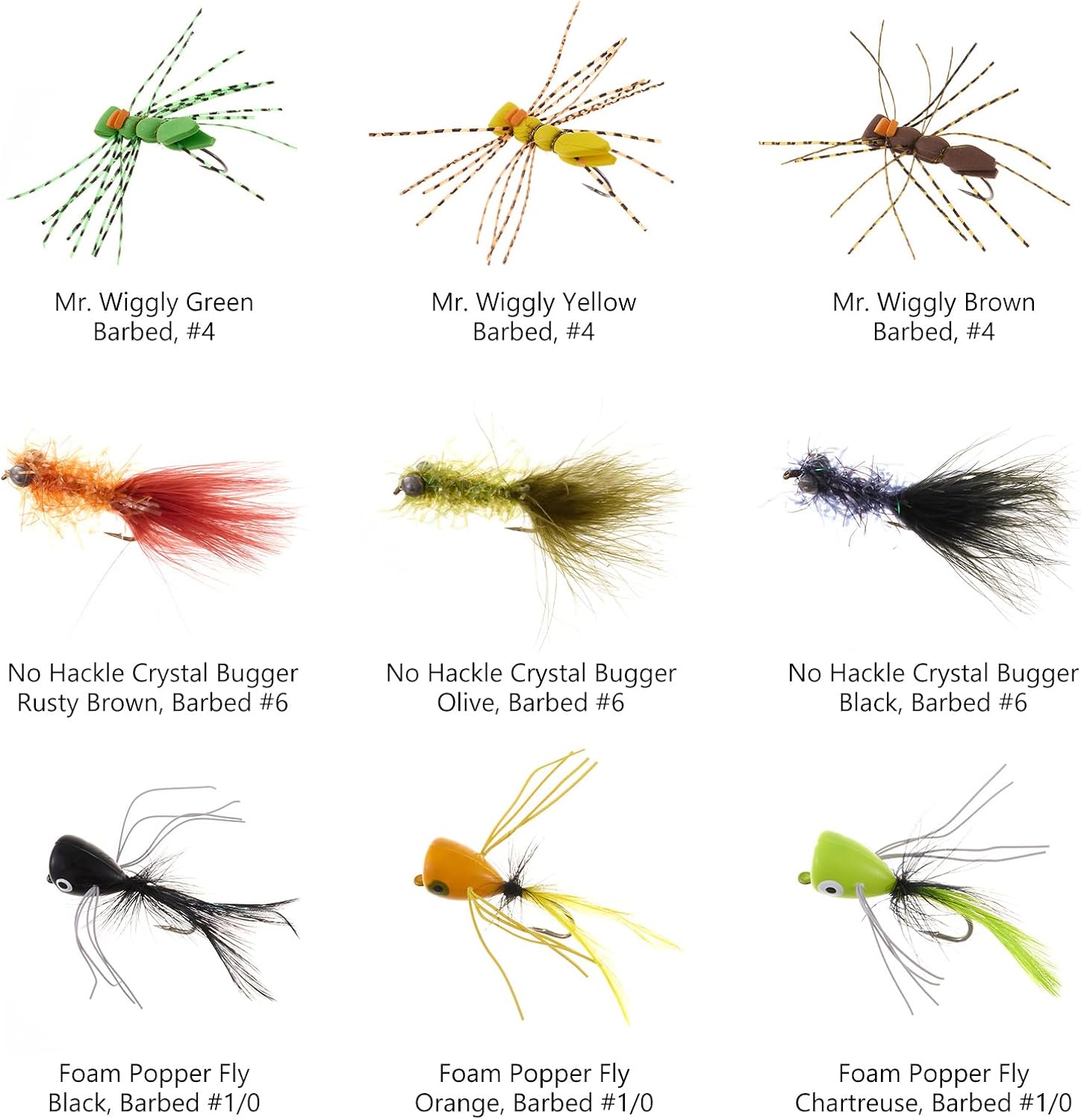 BASSDASH 18pcs Bass Fly Fishing Flies, Dry Wet Flies Poppers in Hook Sizes 1/0, 4, 6 with Waterproof Fly Box