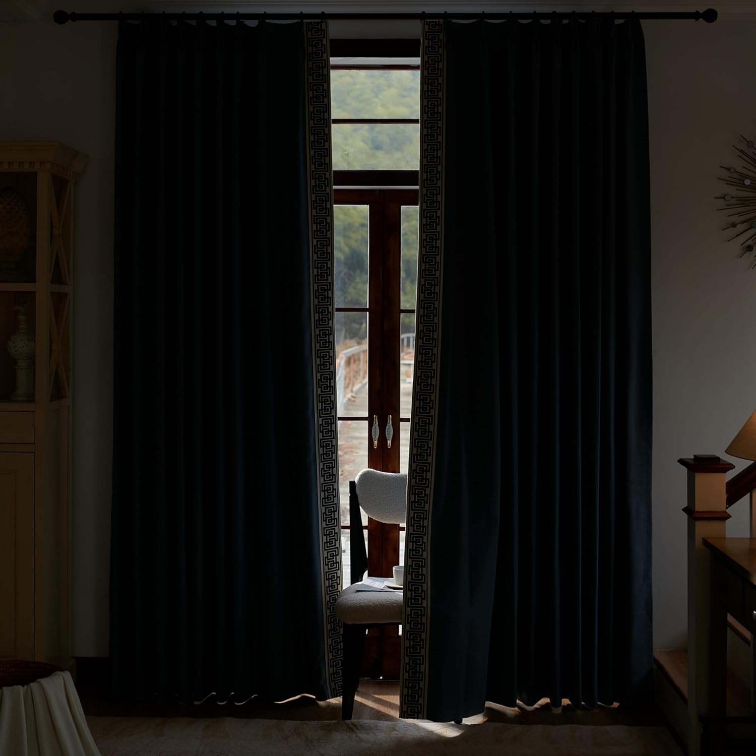 VisionaryHomeDesign Blue Pinch Pleat Cotton Linen Blend Curtains, Drapes with Greek Key Trim, Room Darkening Curtains for Rooms Doors Windows (50‘’W x 84‘’L)