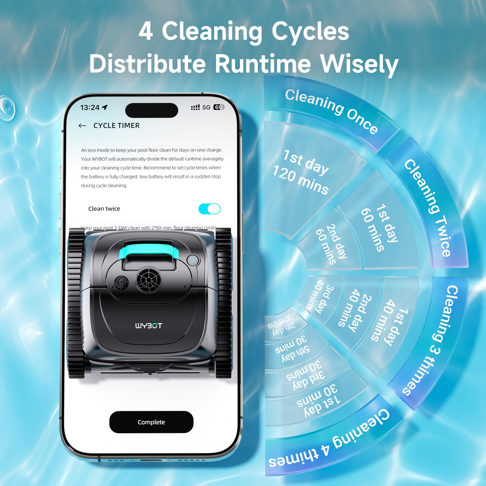 (2026 Upgrade) WYBOT C1 Pool Vacuum Robot for Above Ground & Inground Pool, 150mins Cordless Pool Cleaner, 4-in-1 Wall/Waterline/Platform Cleaning up to 1,614 sq.ft, Smart Navigation, App Control — view 6