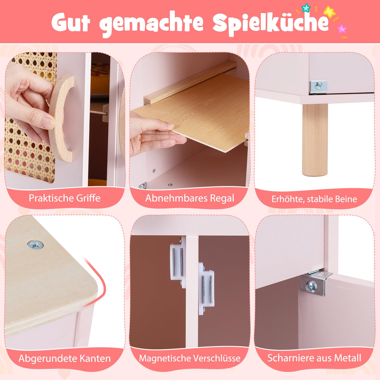COSTWAY Kinderküche, Kinder Spielküche inkl. Zubehör mit Herd, Wasserspüle & Eismaschine, Spielzeugküche mit Stauraum, Holzküche für Jungen & Mädchen ab 2 Jahren (Rosa)