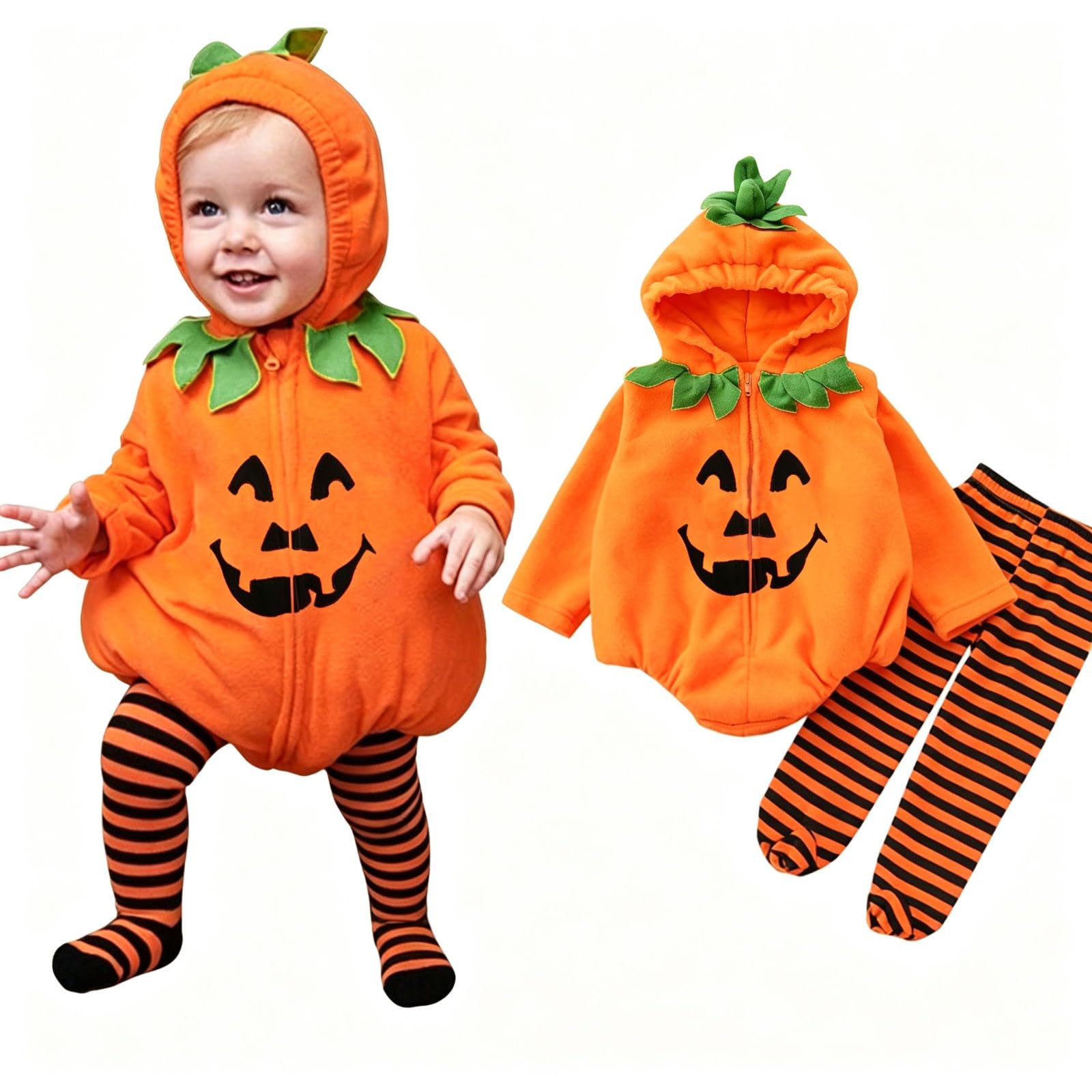 Baby Pumpkin Costume,Cute Infant Halloween Outfit Hoodie Unisex Newborn Pumpkin Costumes for Boys Girls,Halloween Cosplay Outfits for Twins,Zipper Design Romper Sets — image 1