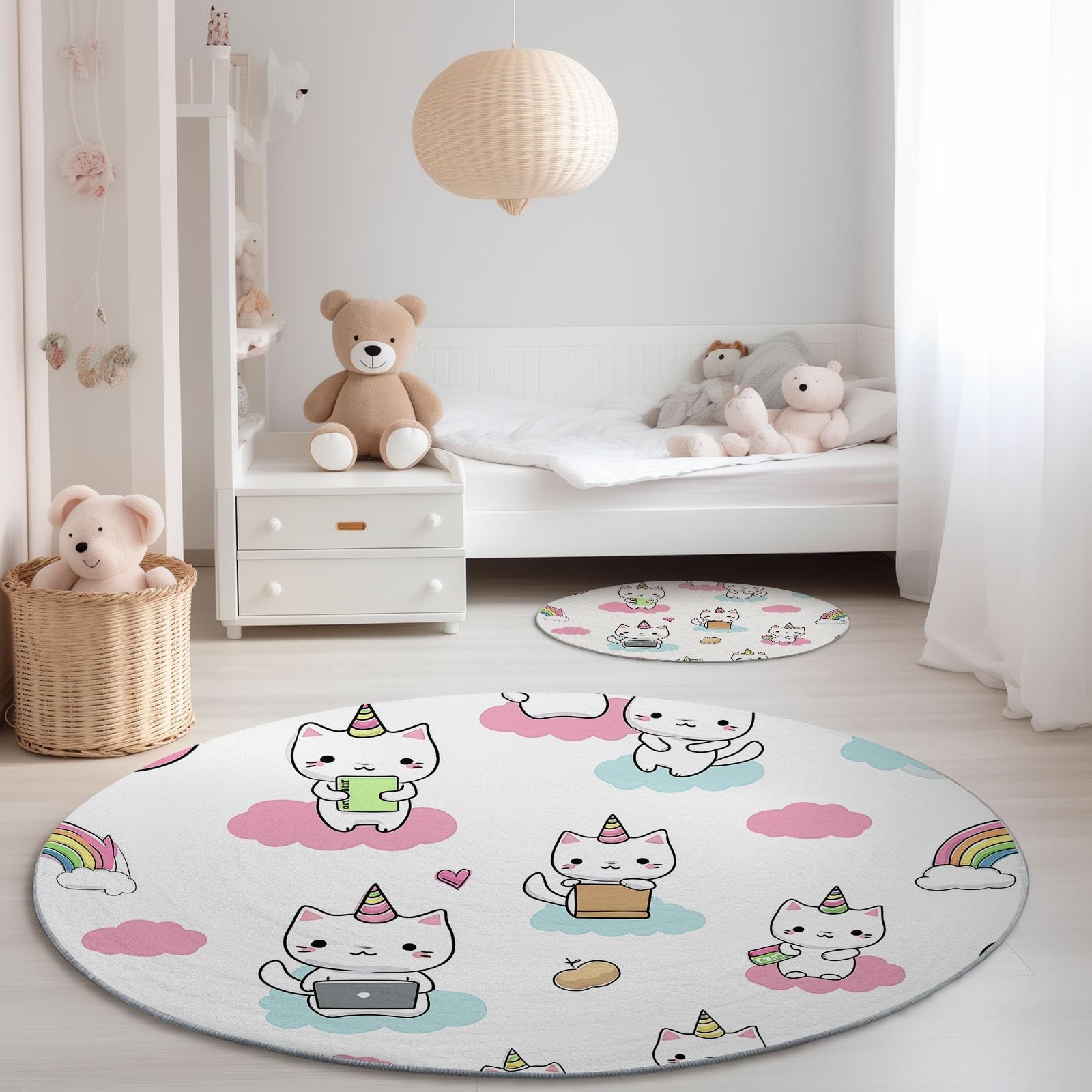 Genérico Alfombra Redonda de Patrón De Unicornio, 120 cm, Estilo Lindo De Dibujos Animados Lavable Grande Redonda, Antideslizante Suave Ultrafina para Dormitorio, Habitación Infantil Cocina, Blanco