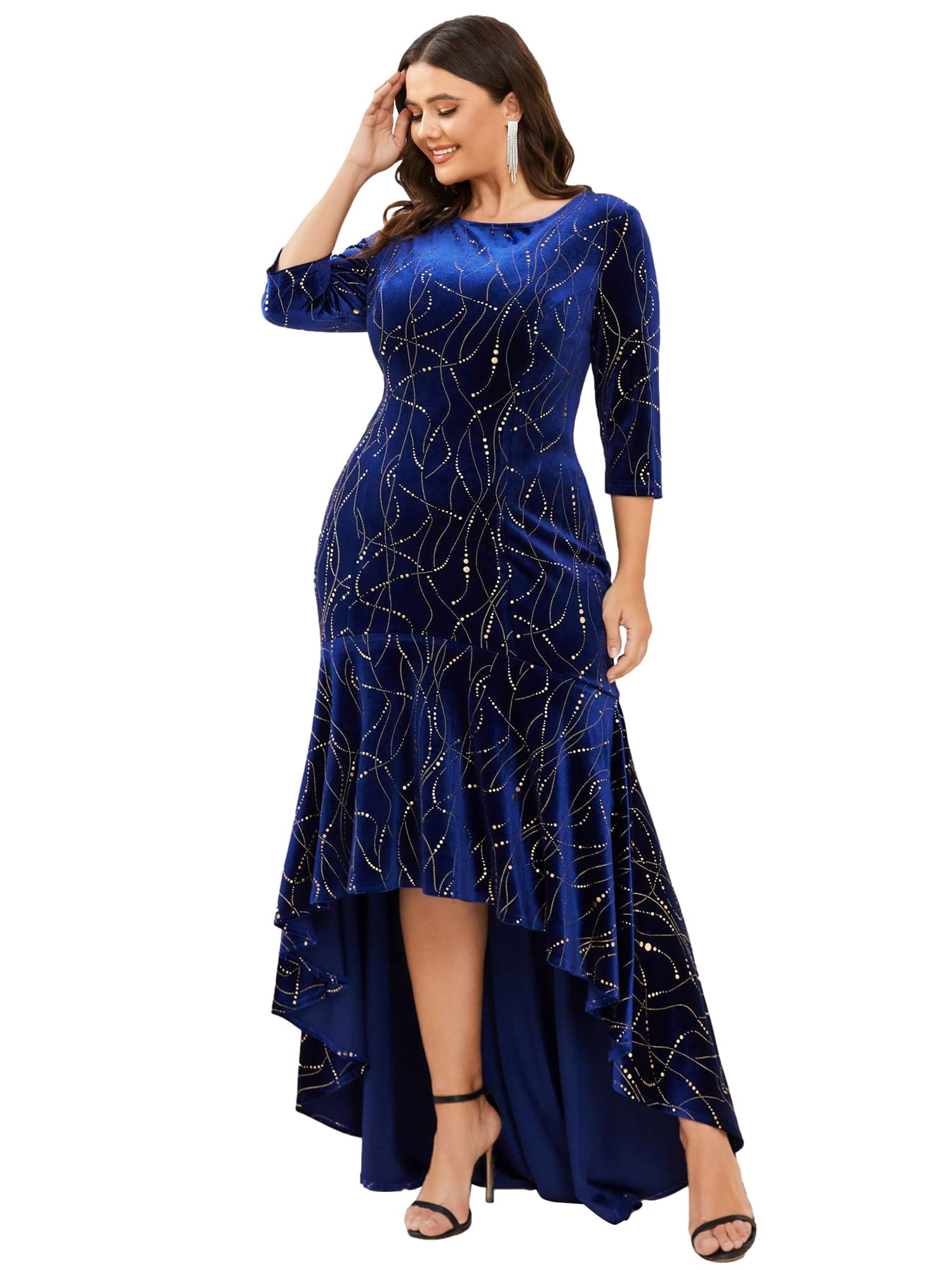 Robe moulante à manches 3/4 en velours scintillant pour femme Vert foncé Taille 22