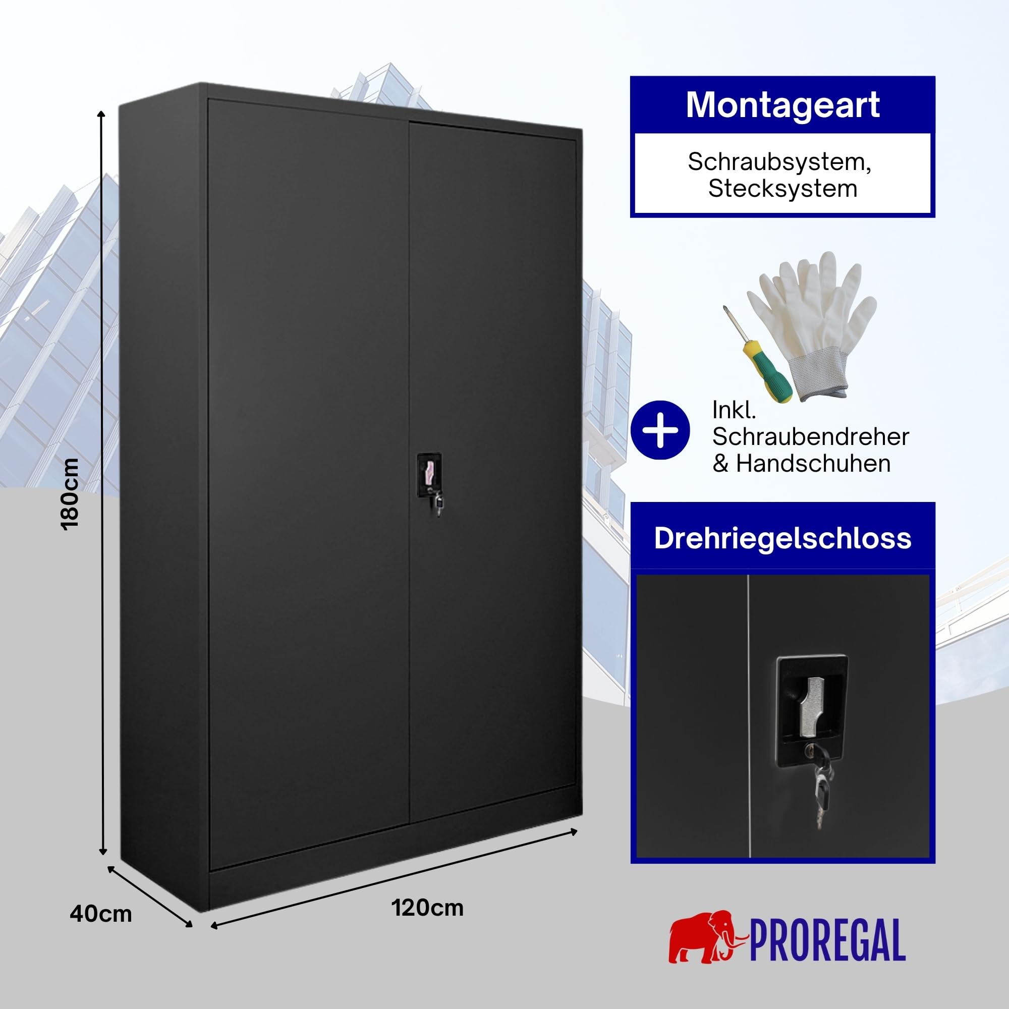PROREGAL Armoire à Portes battantes Elephant classeur métallique verrouillable 2 Portes 180x120x40cm 4 Niveaux en Acier Noir