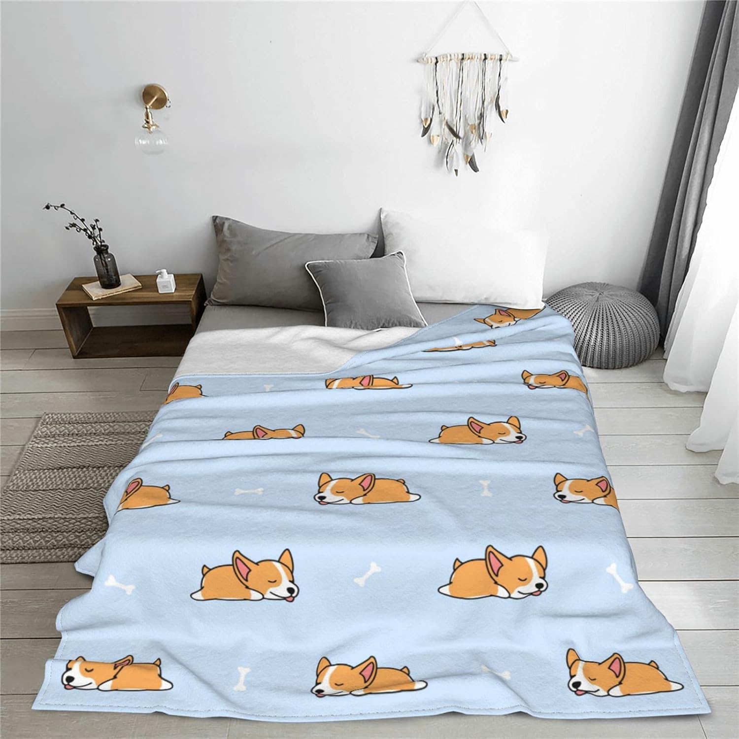Kawaii Sleep Corgi Cute Blue Flannel Fleece Throw Blanket 50x60 inch Living Room/Bedroom/Sofa Couch Warm Soft Bed Blanket for Kids Adults
