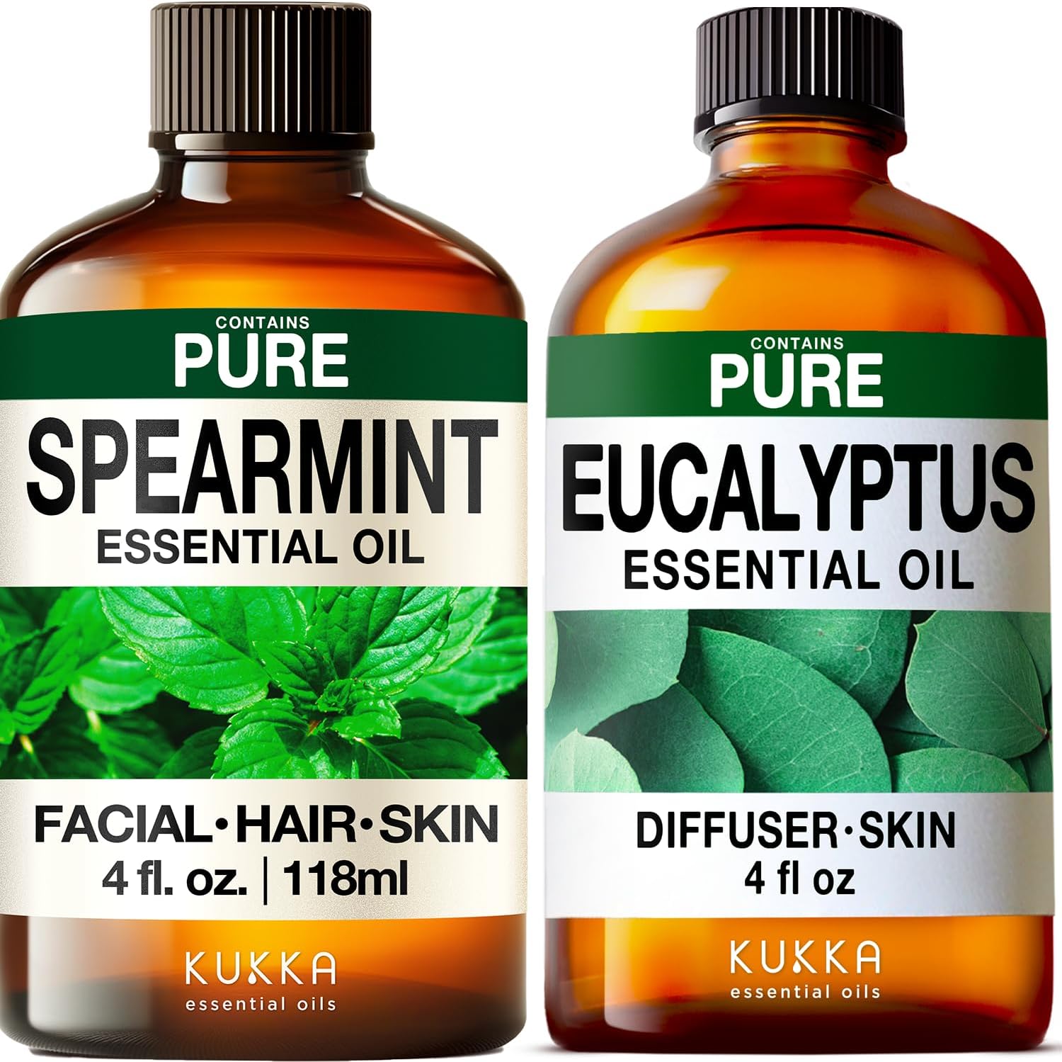 Spearmint Essential Oil for Diffuser & Eucalyptus Essential Oil for Diffuser Set - Aromatherapy Grade Essential Oils Set - 2x4 fl oz - Kukka