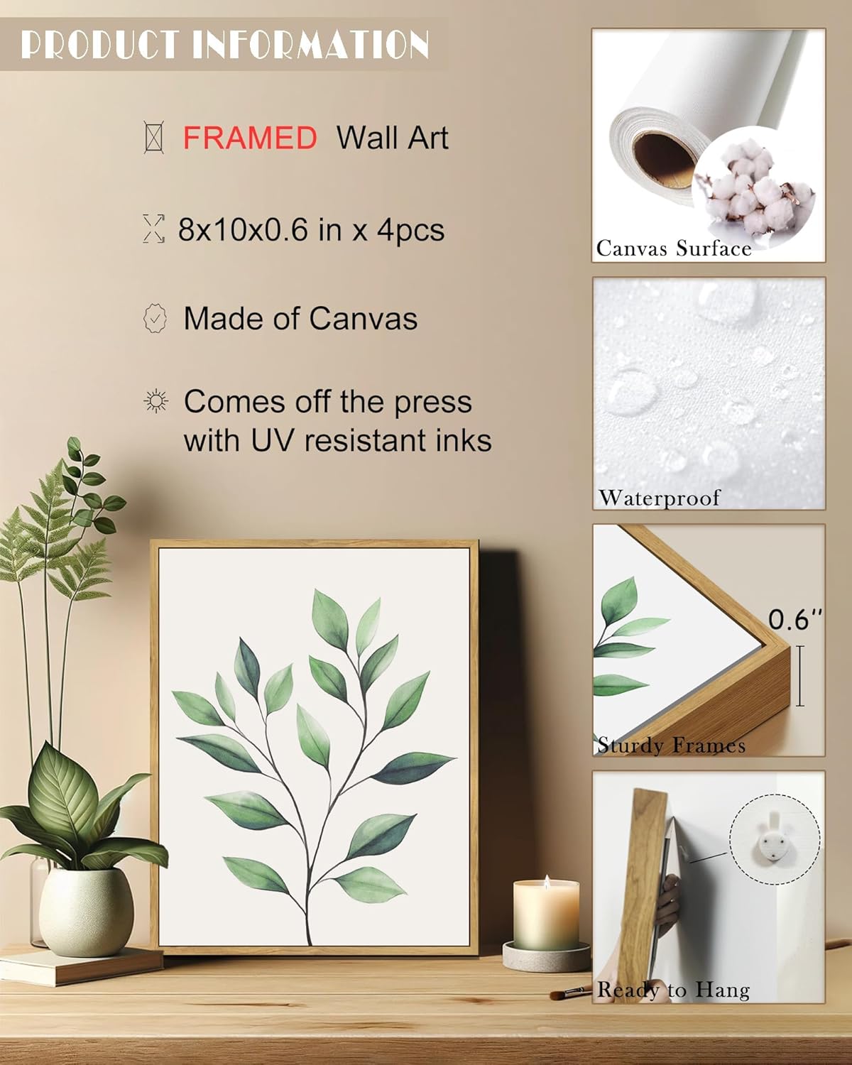 Drsoum Botanical Canvas Framed Wall Art Watercolor Green Leaf Tropical Plant Art Prints Boho Decor for Bedroom Bathroom Kitchen Home Office Decorations 8"x 10"x 4pcs