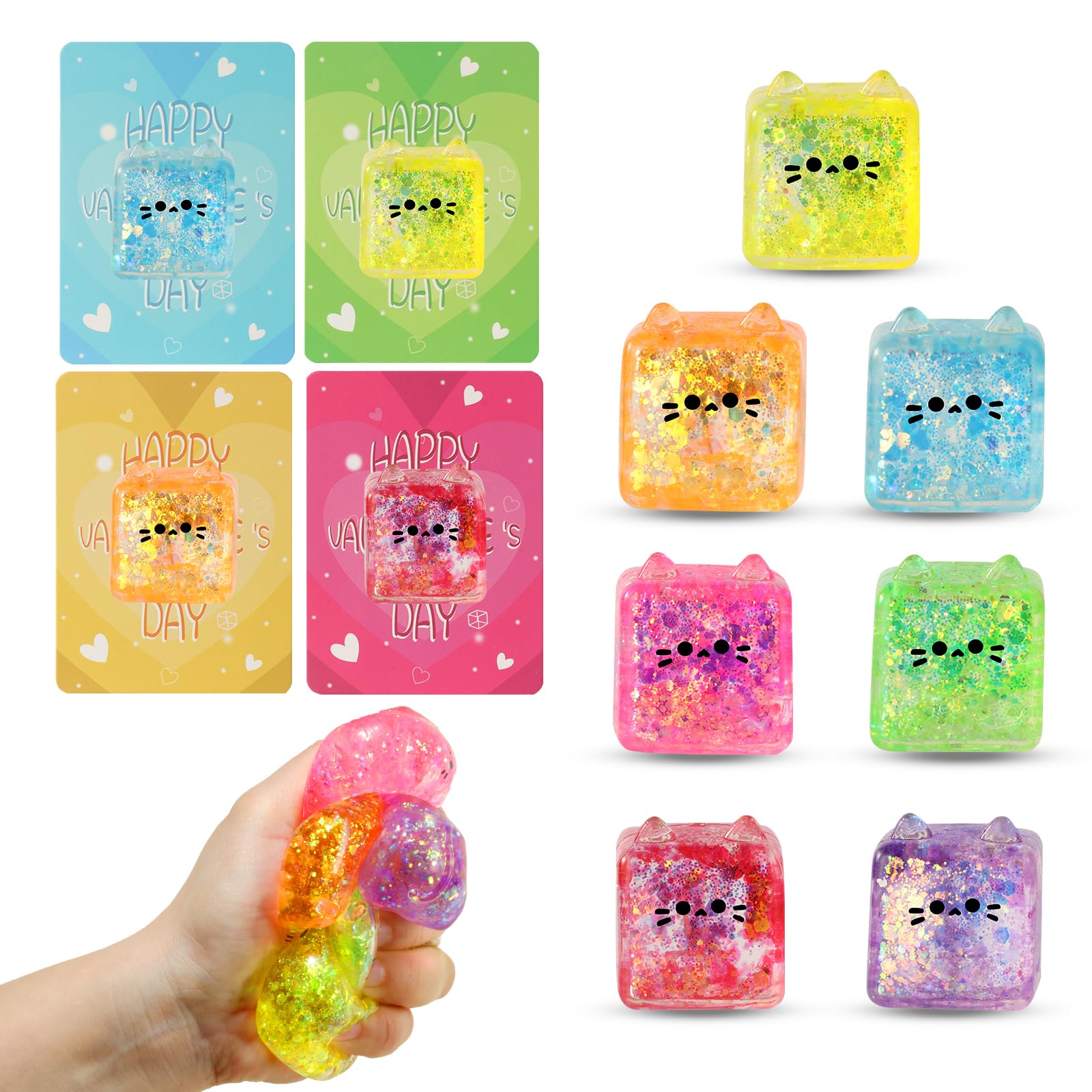 28 Pack Valentine's Day Gifts for Kids - Square Cat Shaped Stress Balls & Cards Set, Glitter Squishy Fidget Toys for Classroom Exchange, Party Favors, Anxiety Relief